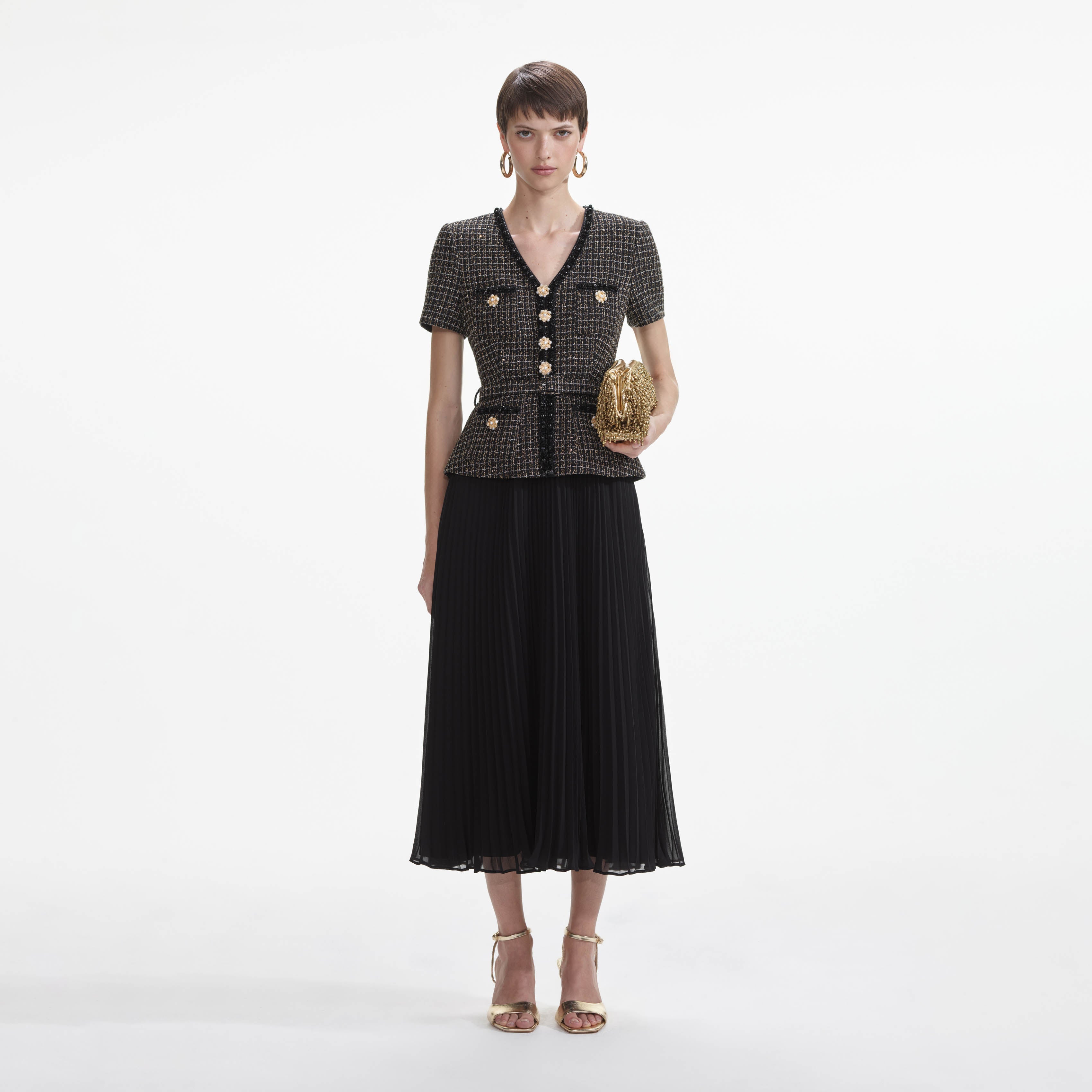 self-portrait boucl and chiffon midi dress Blue Boucle Chiffon Midi Dress self-portrait-US