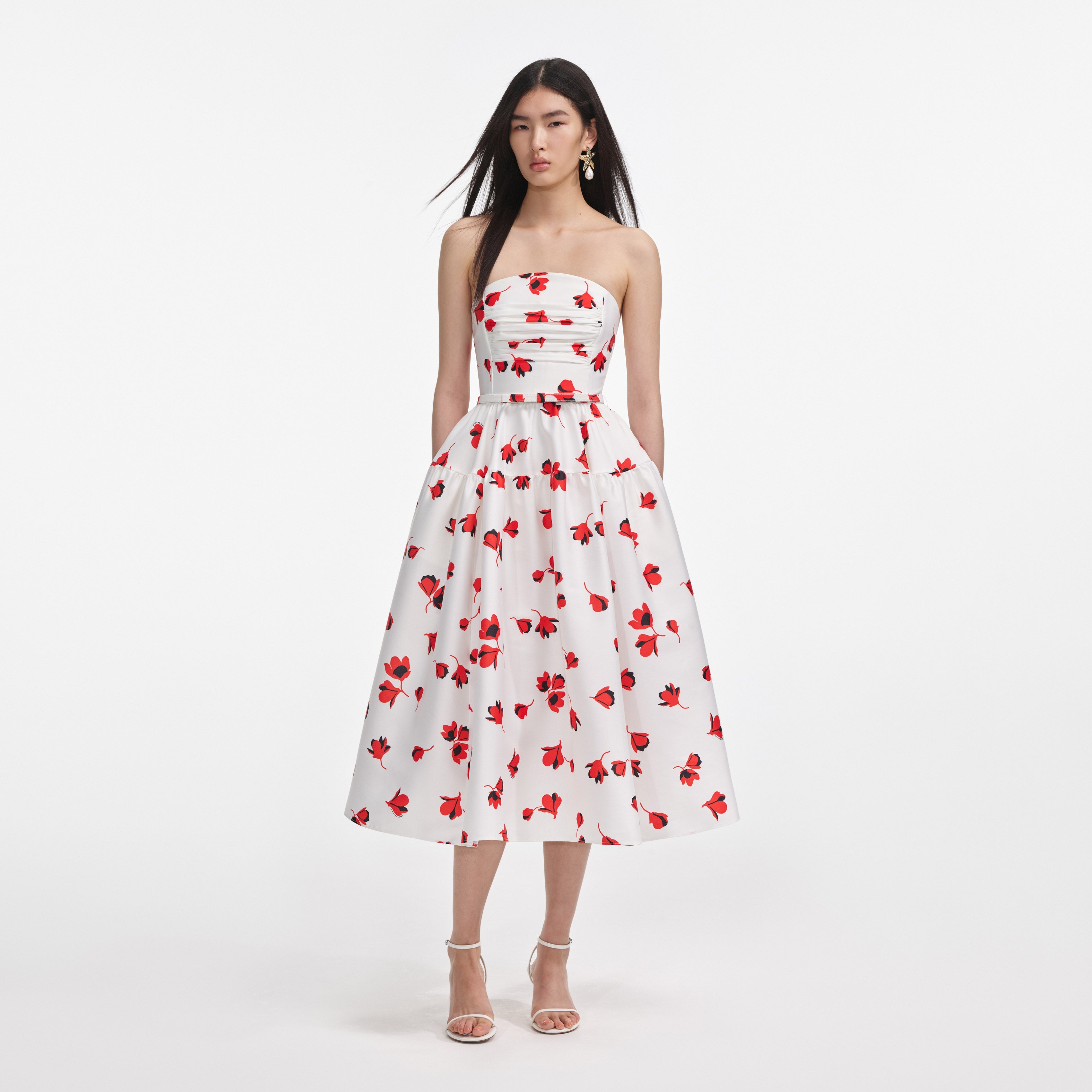 floral red and white dress self-portrait - Floral Print Taffeta Midi Dress