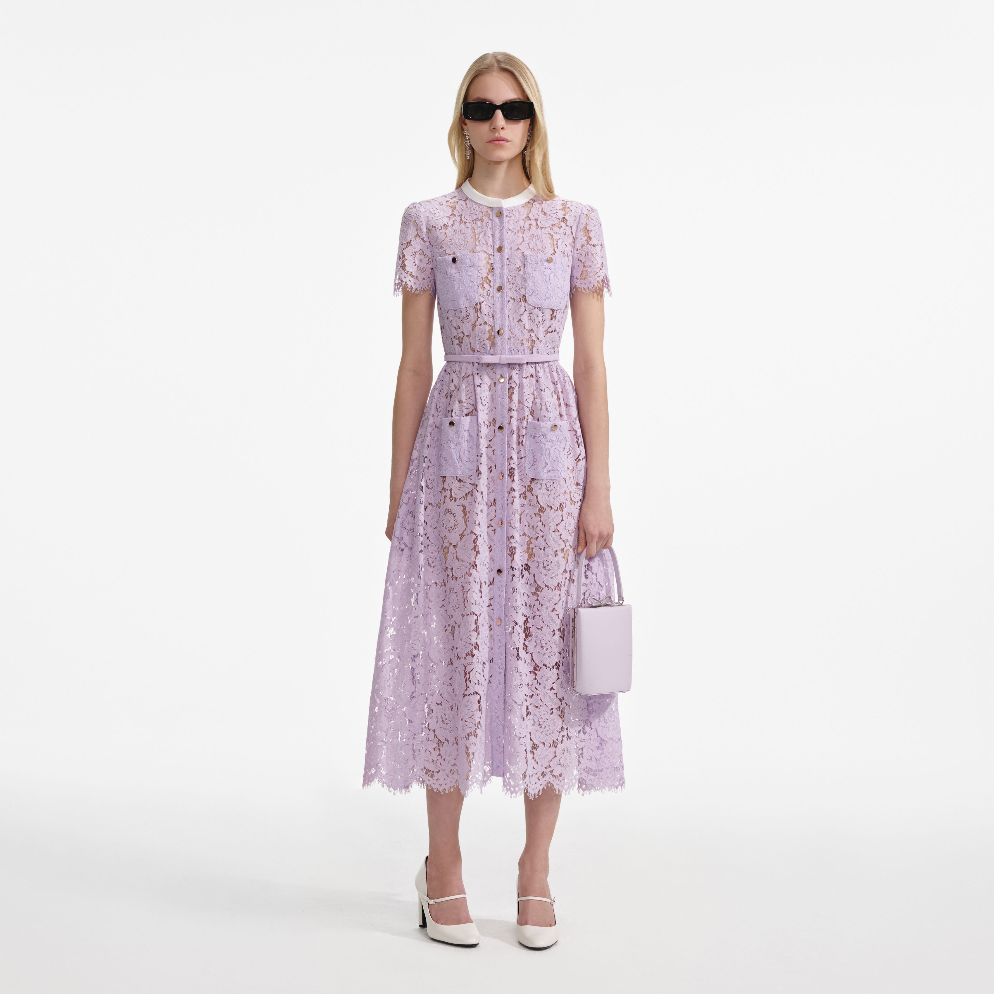Self-Portrait - Lilac Lace Button Front Midi Dress - US 0 Self-Portrait - Lilac Lace Button Front Midi Dress - US 0