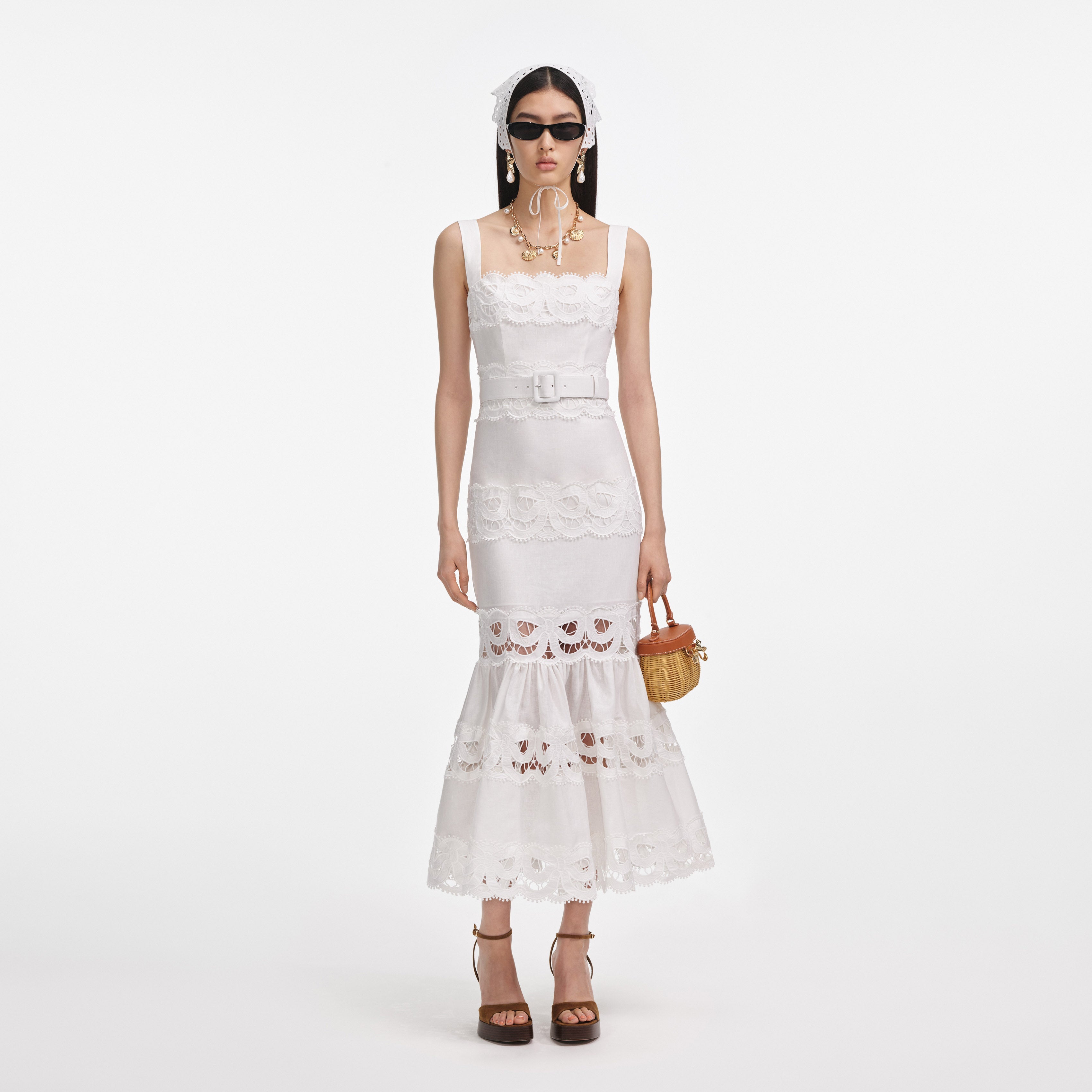 self-portrait - White Linen Lace Insert Midi Dress - US 8 self-portrait - White Linen Lace Insert Midi Dress - US 8