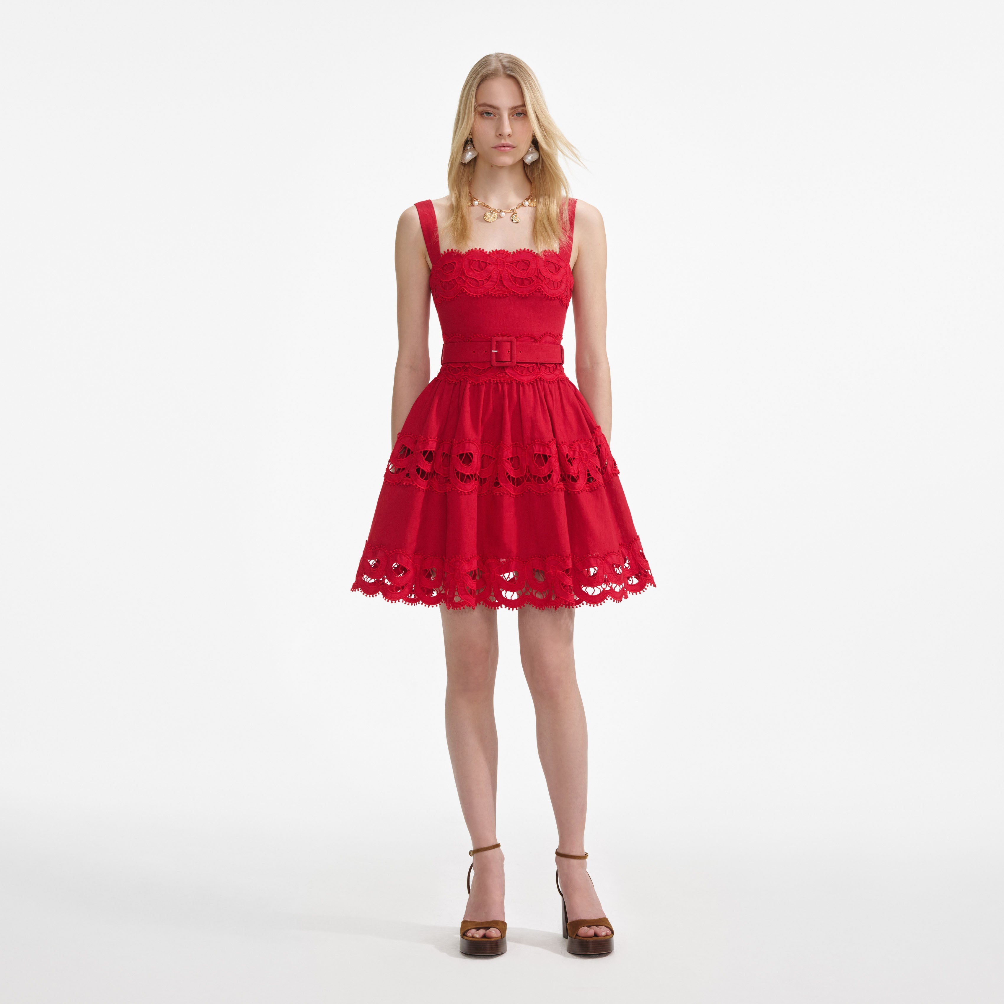 Red Linen Lace Insert Mini Dress self-portrait-US Red Linen Lace Insert Mini Dress self-portrait-US
