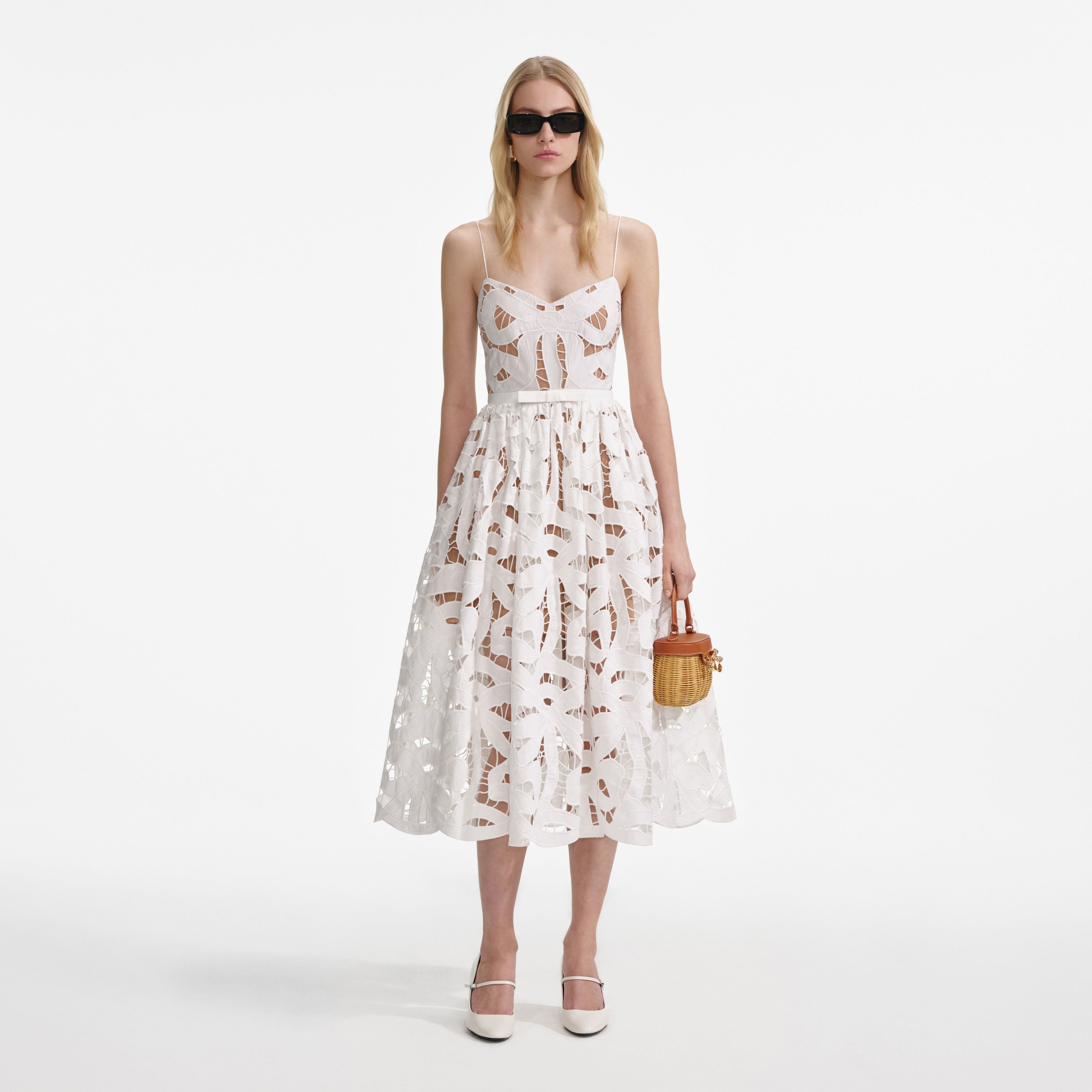 White Bow Embroidered Midi Dress White Bow Embroidered Midi Dress