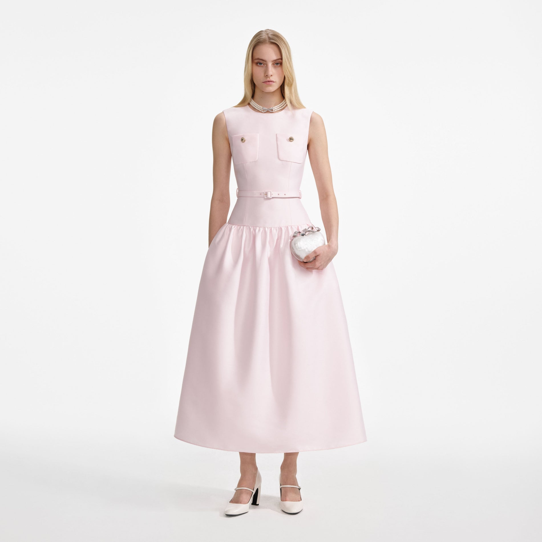 Front view of a woman wearing the Pink Taffeta Midi Dress