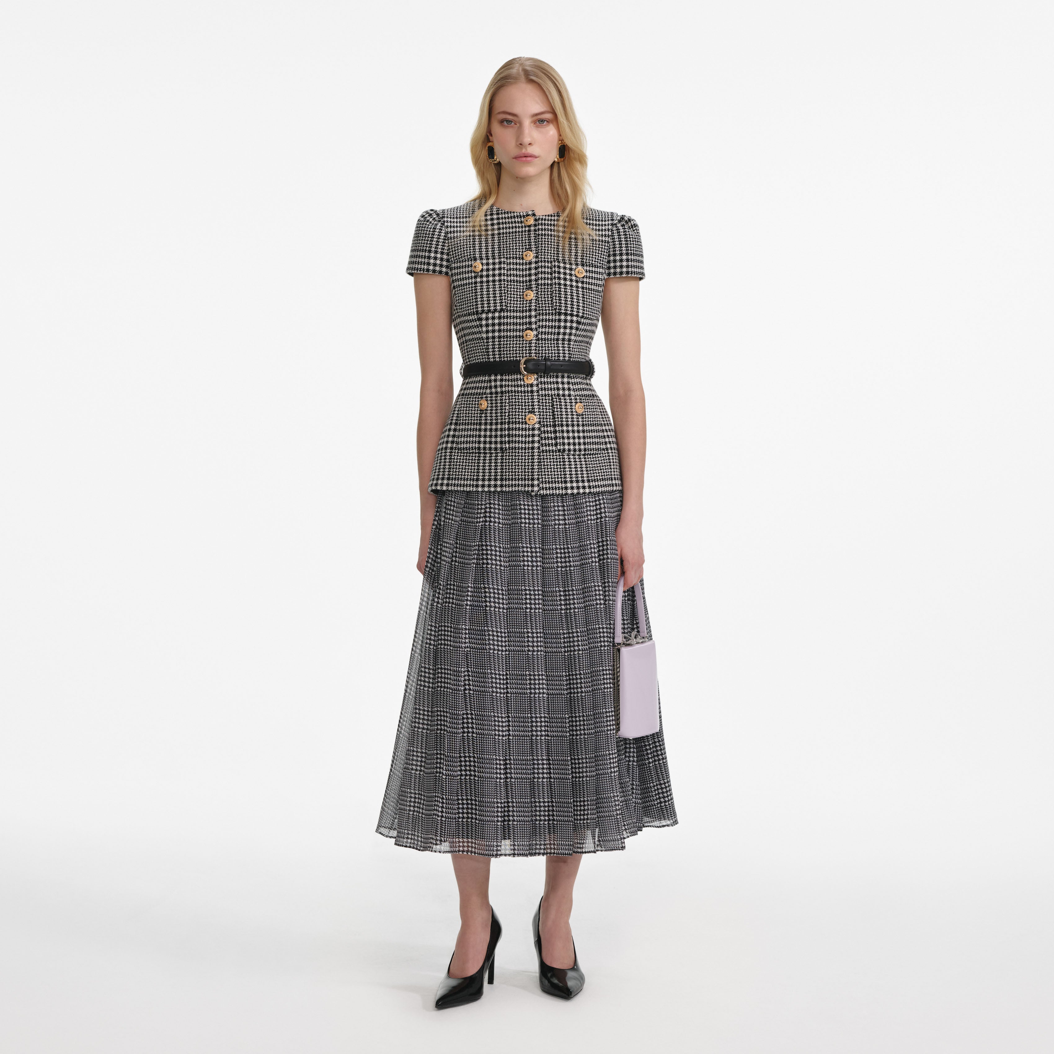 houndstooth midi dress Puff Sleeve Long Sleeve Jacquard Turtle Neck, Stay Ready Houndstooth Midi Dress in Black, Size L, For Office