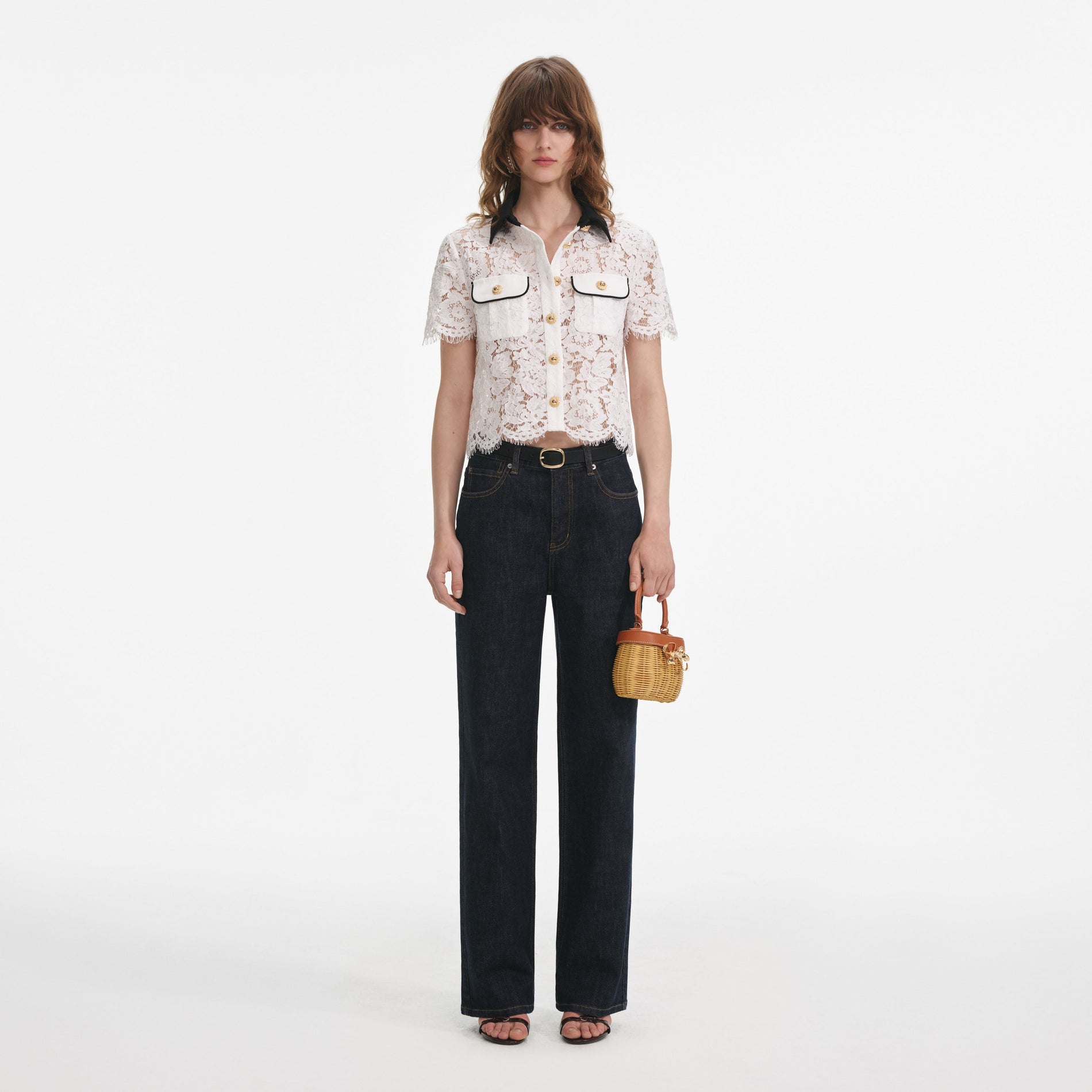 Front view of a woman wearing the White Lace Contrast Collar Top