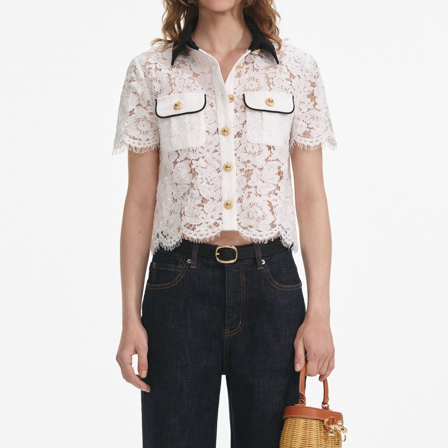 A close up of a woman wearing the White Lace Contrast Collar Top