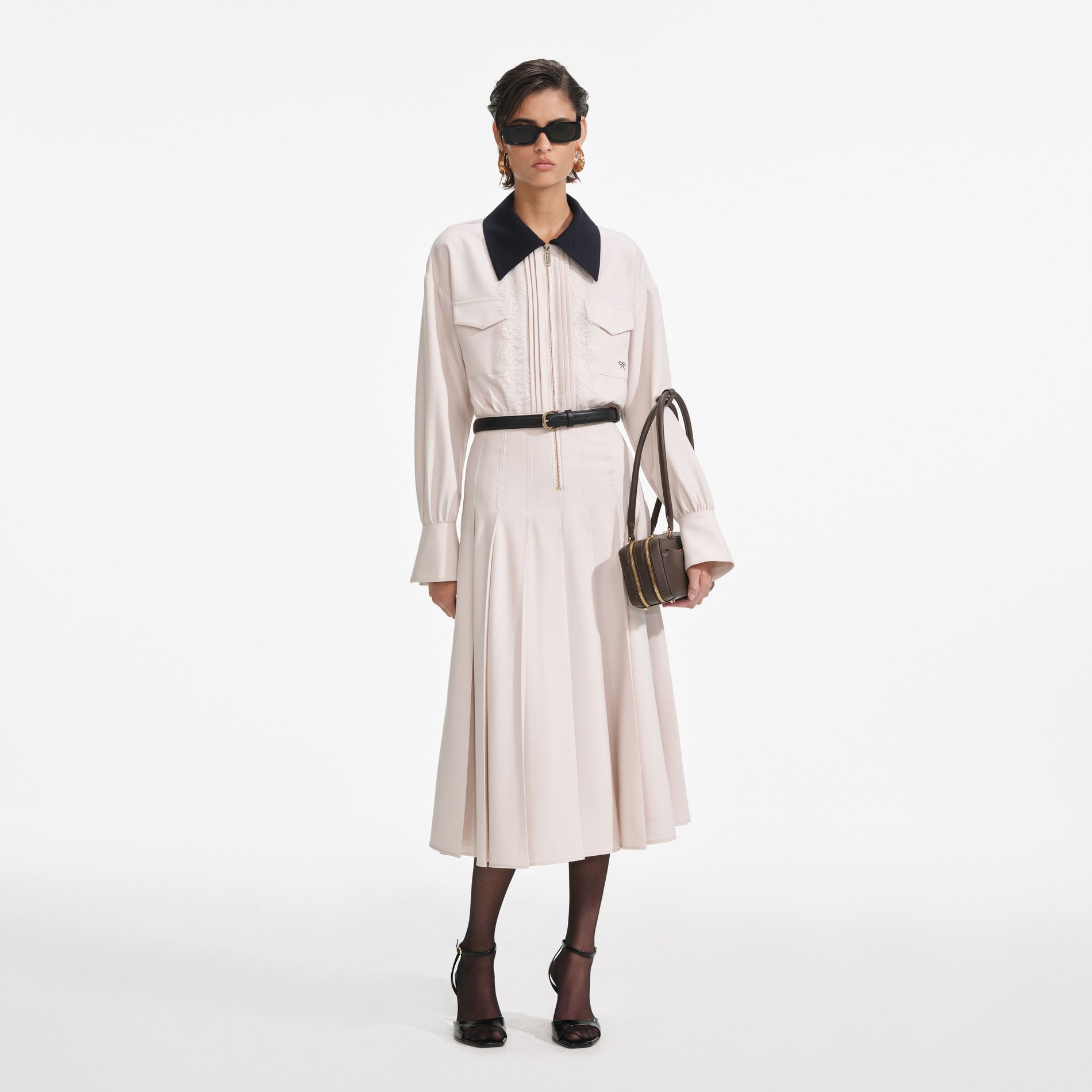 Front view of a woman wearing the Cream Twill Contrast Collar Midi Dress
