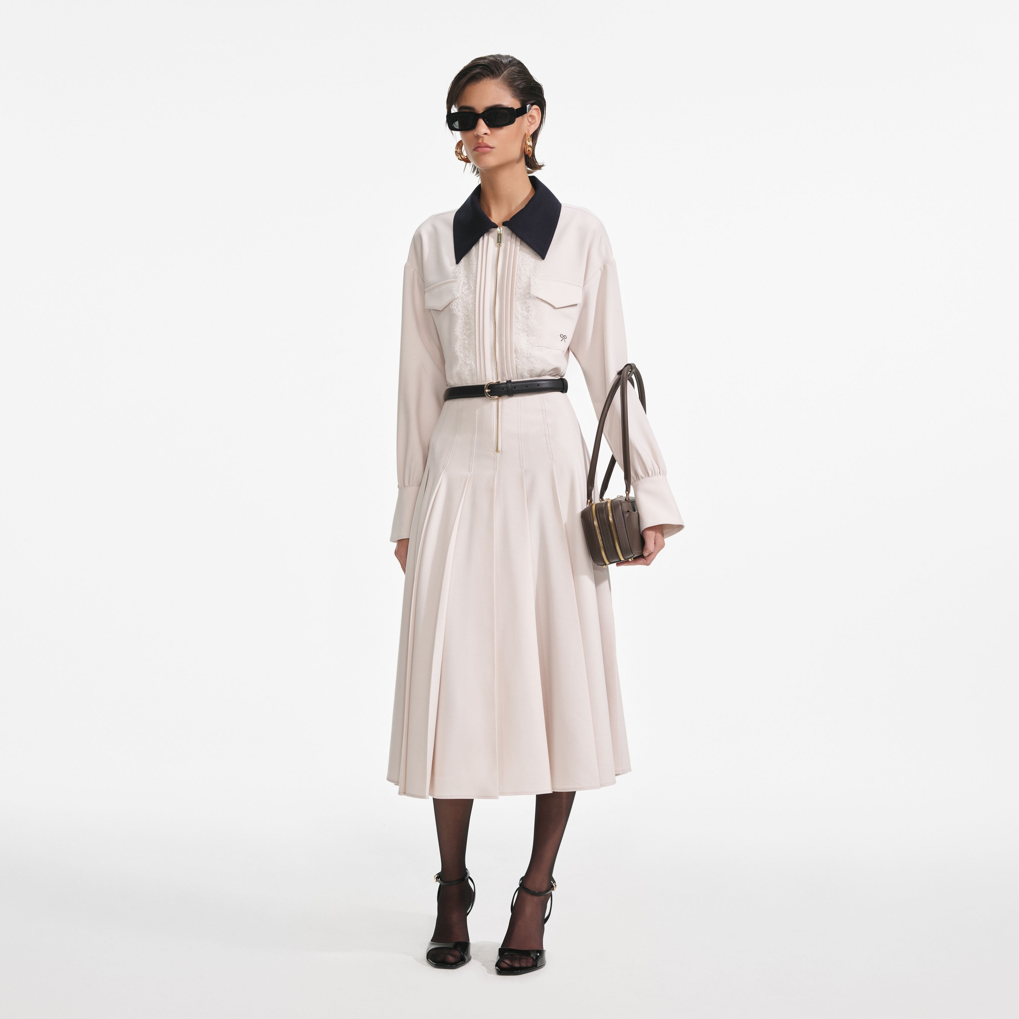 Cream Twill Contrast Collar Midi Dress
