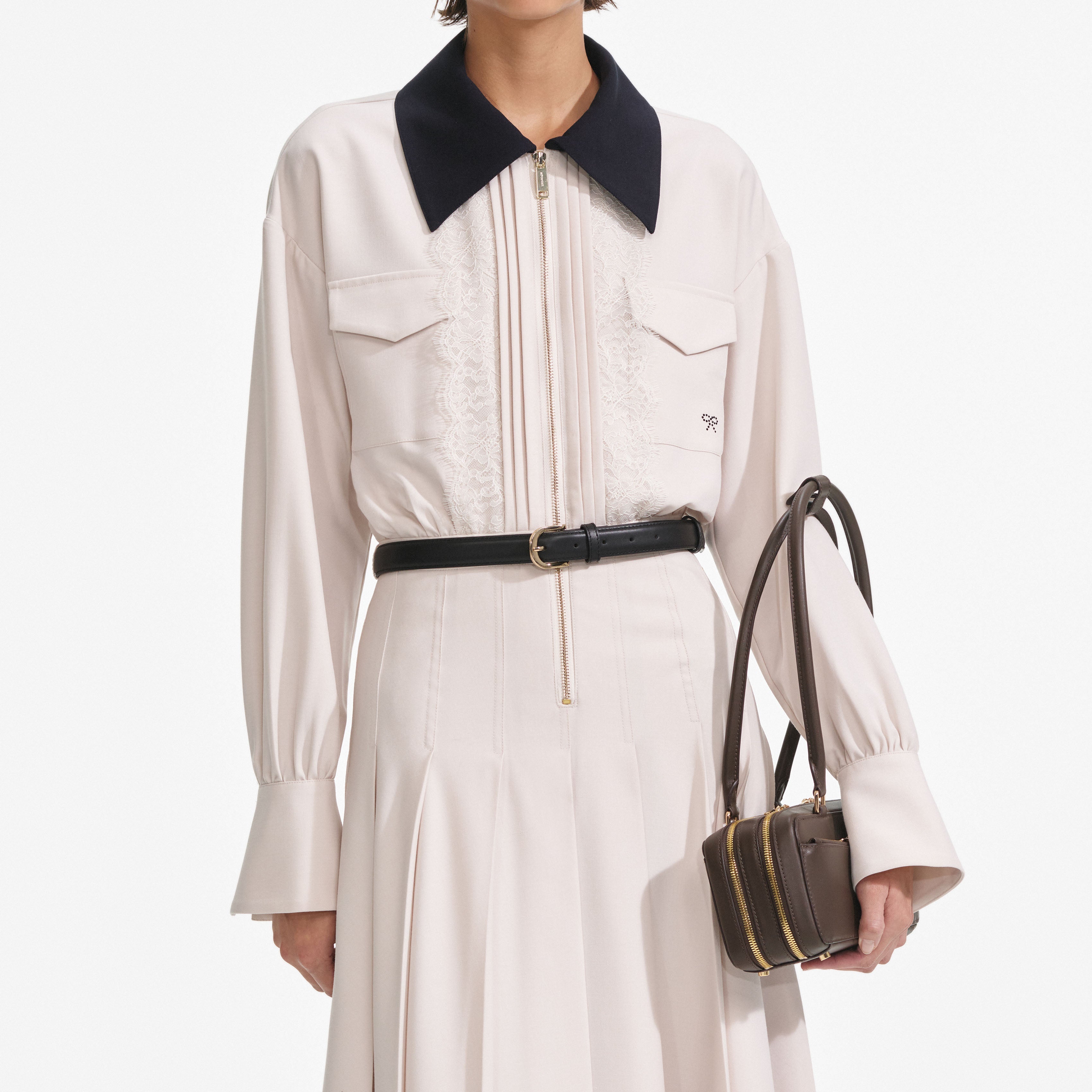 Cream Twill Contrast Collar Midi Dress