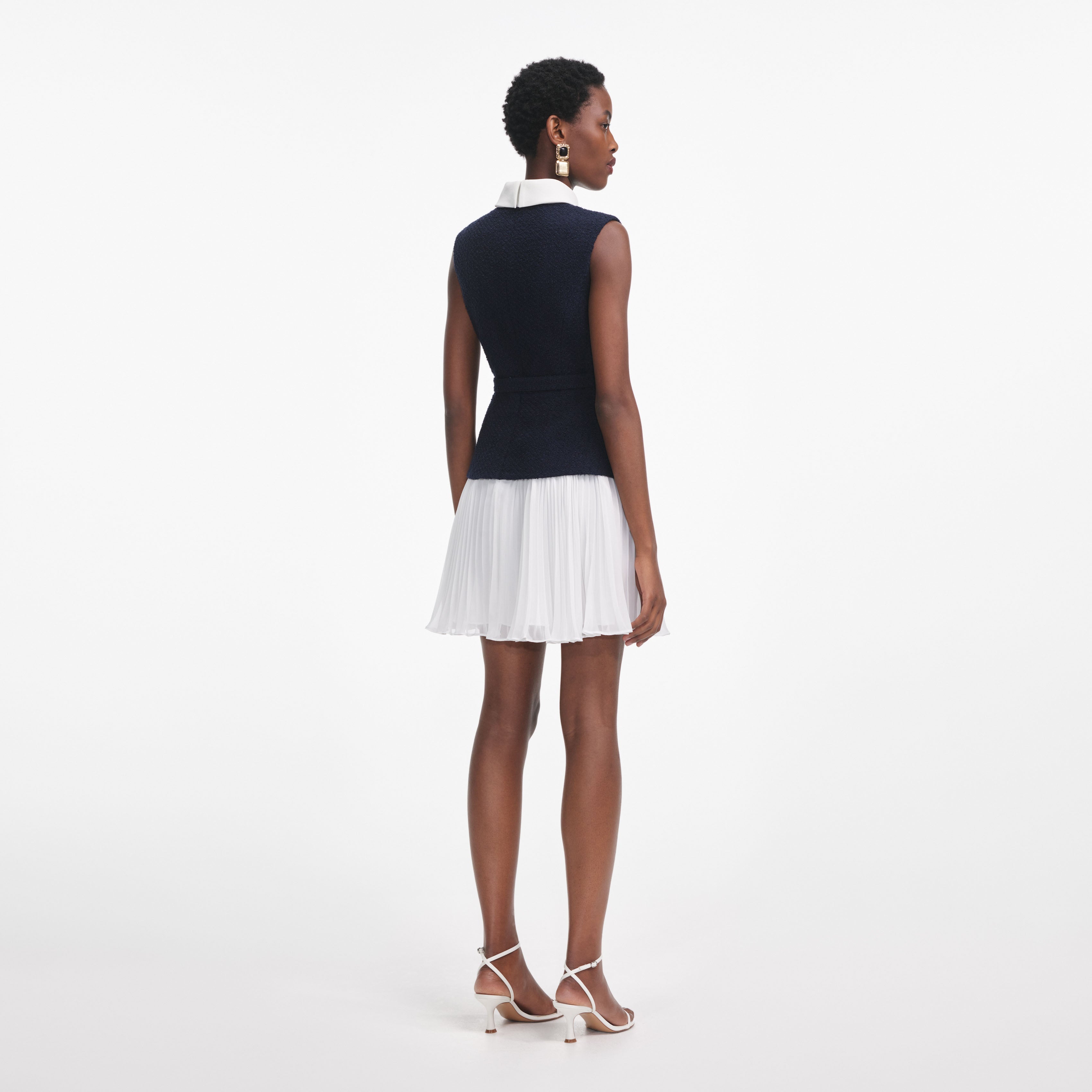 Navy Boucle And Chiffon Mini Dress