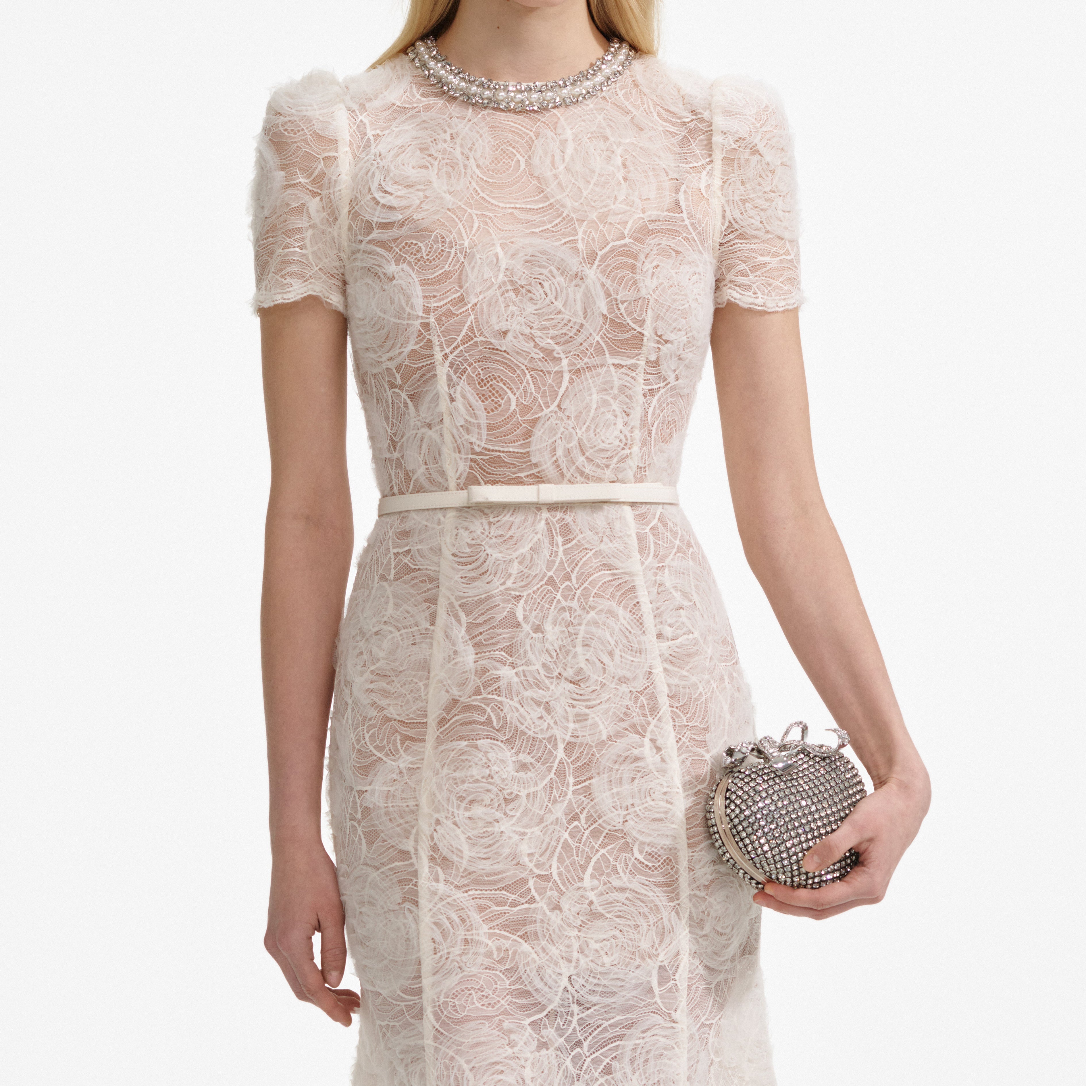 Cream Tulle Lace Midi Dress