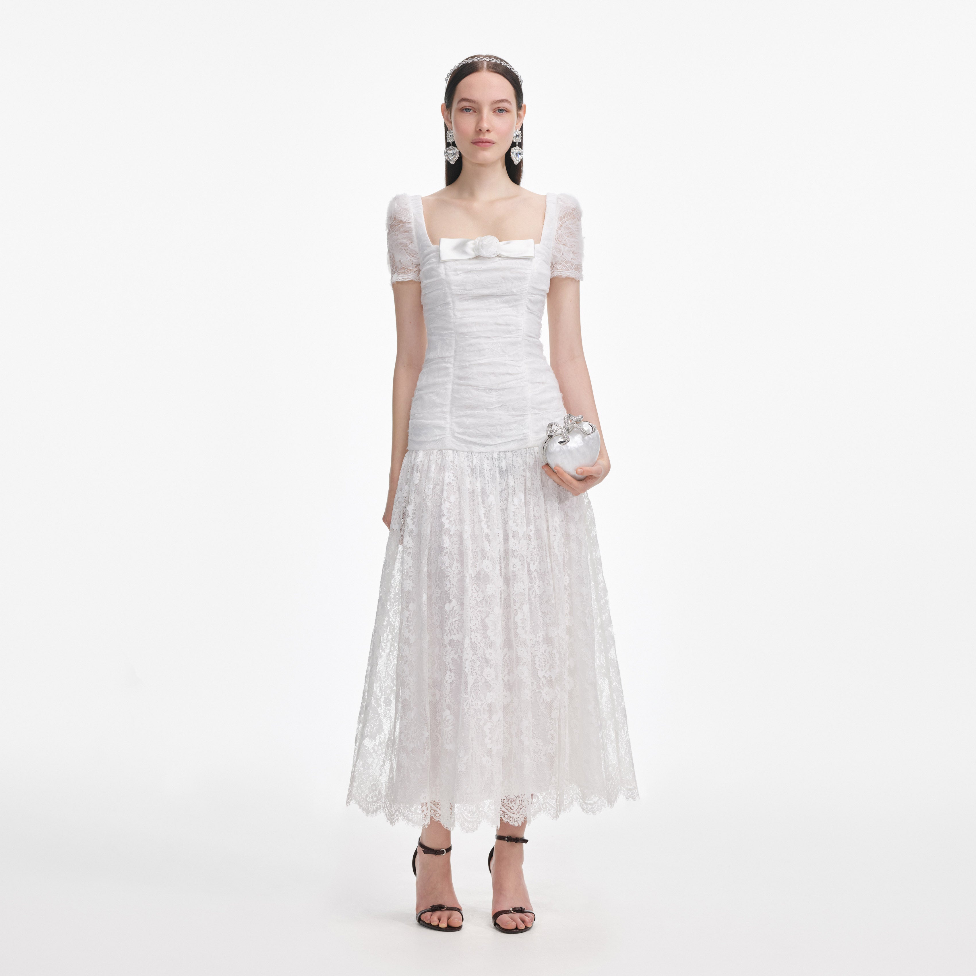 white dress with lace middle White Lace Midi Dress With Pockets | Womens | X-Large (Available in M, L) | 100% Polyester