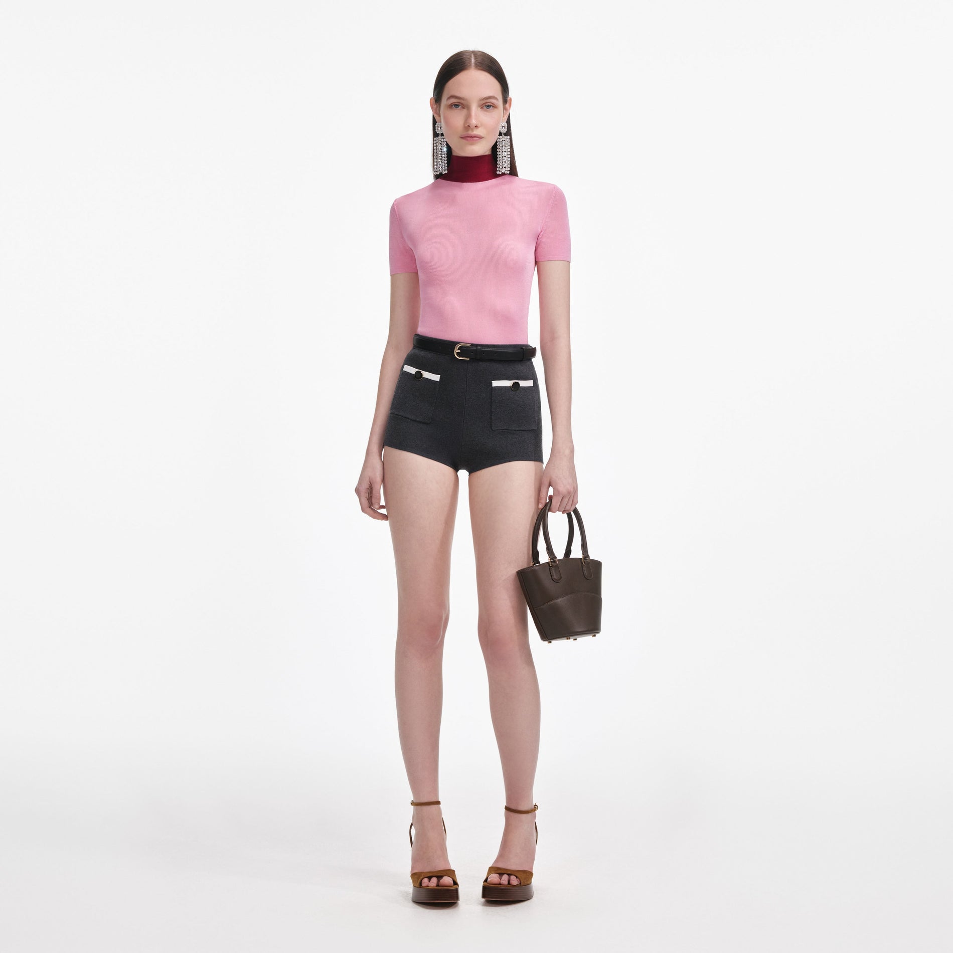 Front view of a woman wearing the Grey Knit Shorts