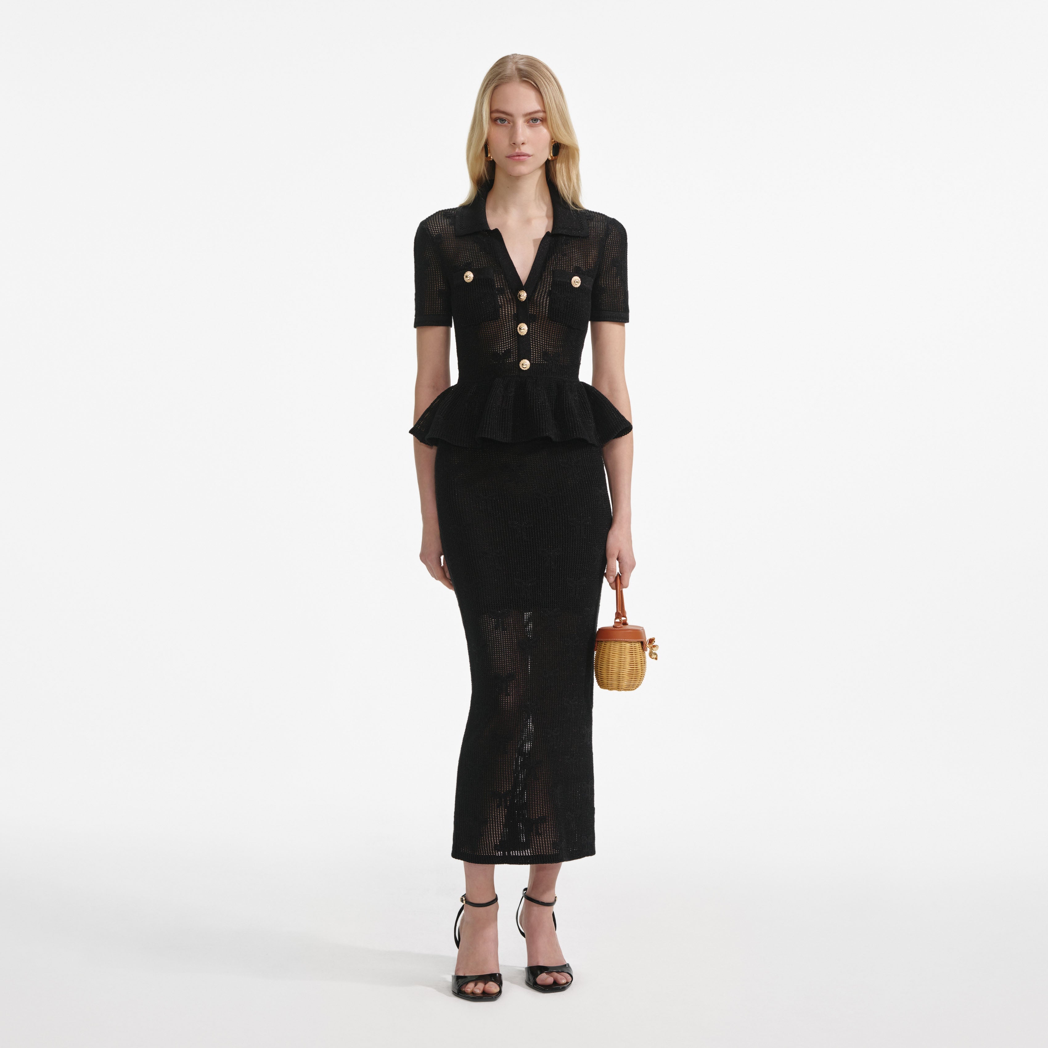 self-portrait - Black Bow Crochet Midi Dress - XS self-portrait - Black Bow Crochet Midi Dress - XS