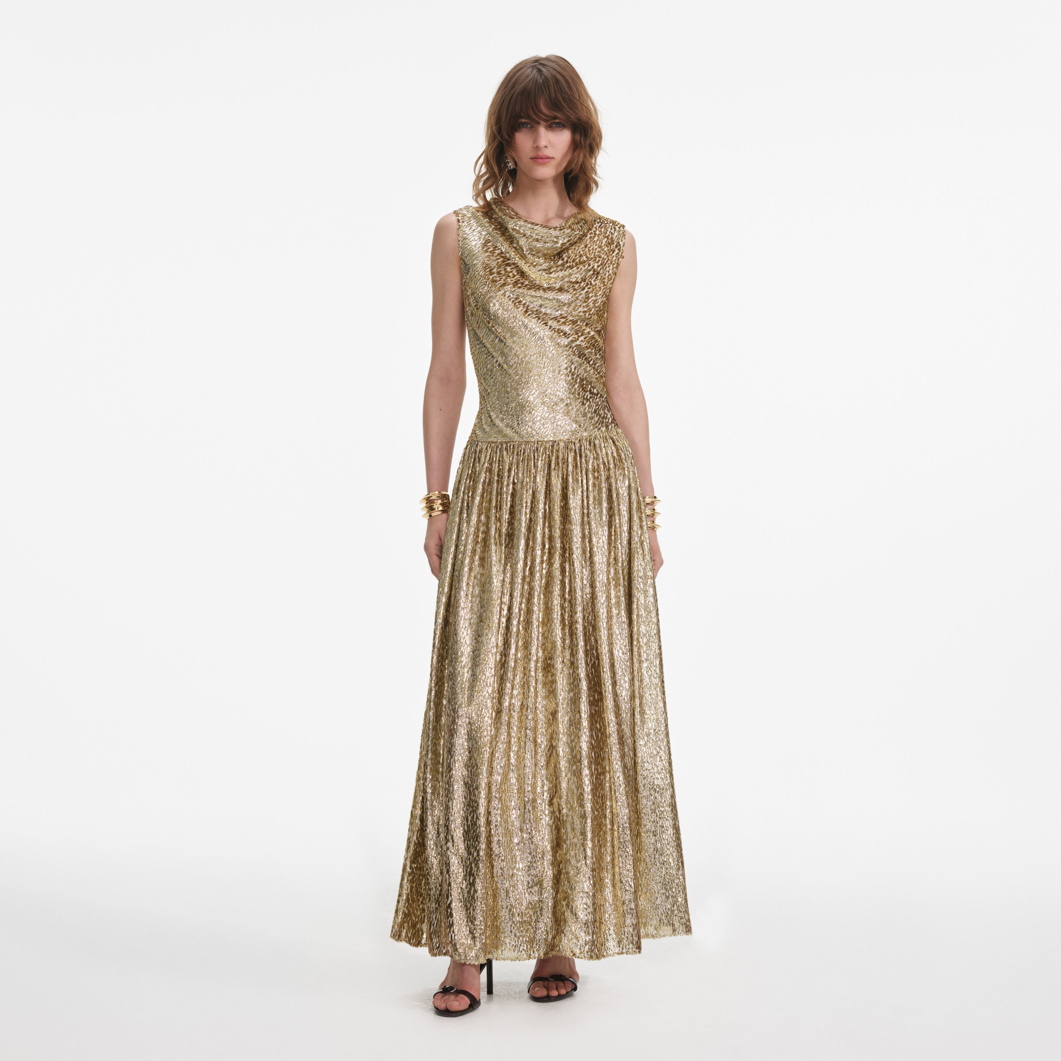 self-portrait - Gold Sleeveless Fil Coupe Maxi Dress - US 10 self-portrait - Gold Sleeveless Fil Coupe Maxi Dress - US 10