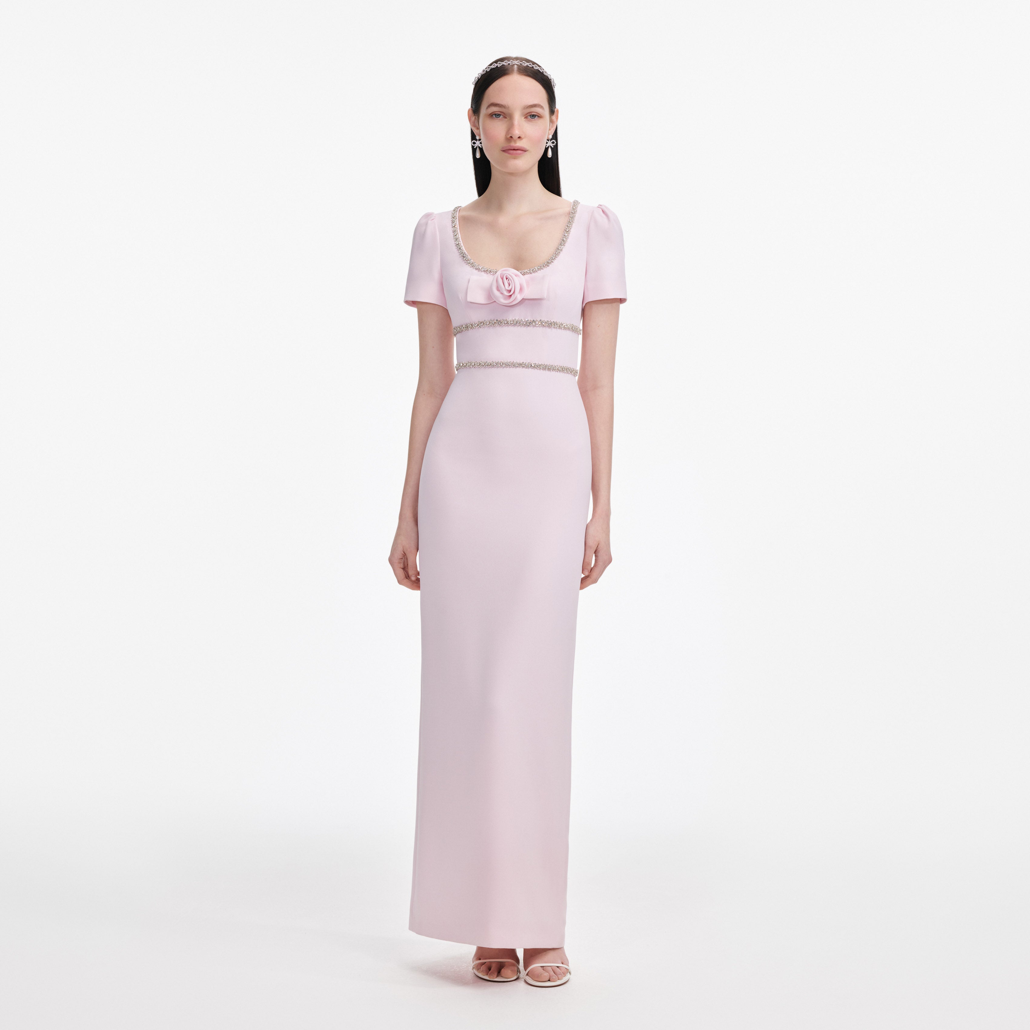 self-portrait - Pink Crepe Crystal Trim Maxi Dress - US 4 self-portrait - Pink Crepe Crystal Trim Maxi Dress - US 4