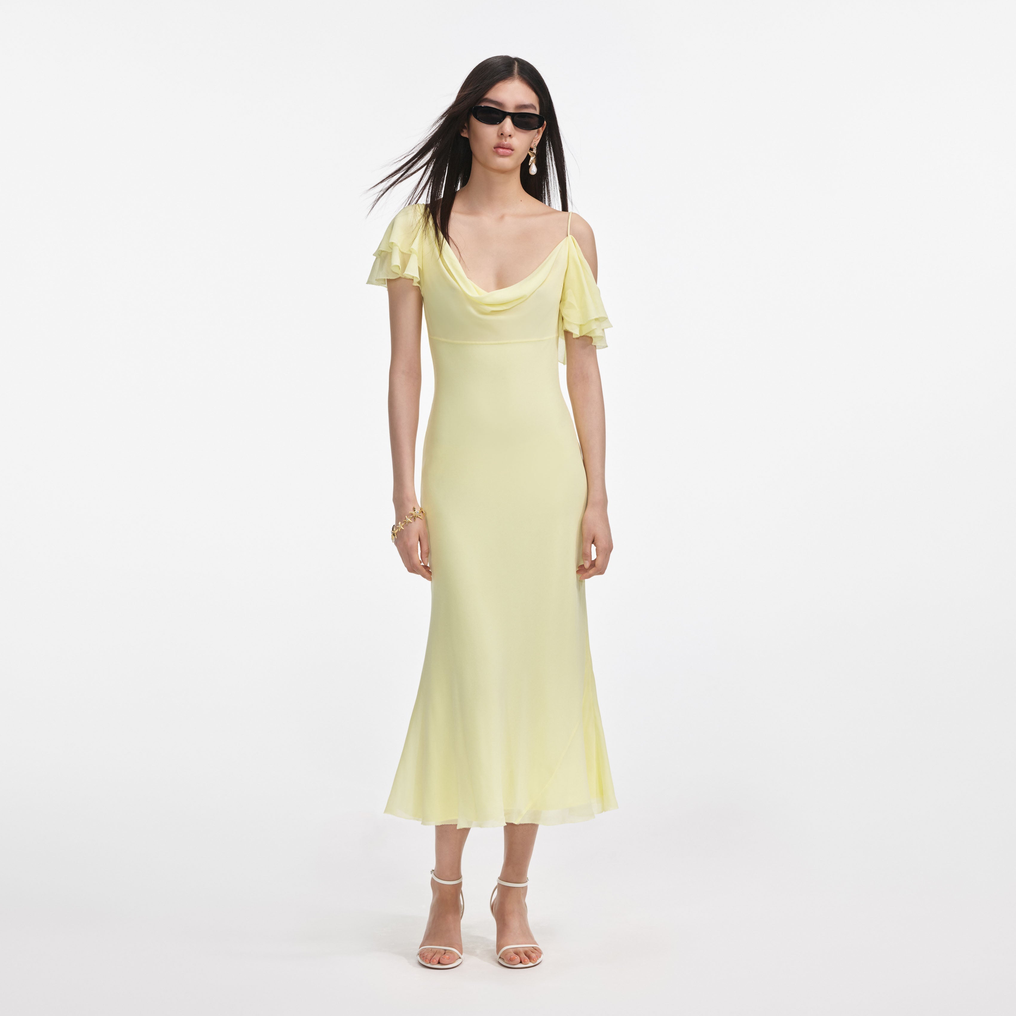 self-portrait - Yellow Georgette Frill Midi Dress - US 4 self-portrait - Yellow Georgette Frill Midi Dress - US 4