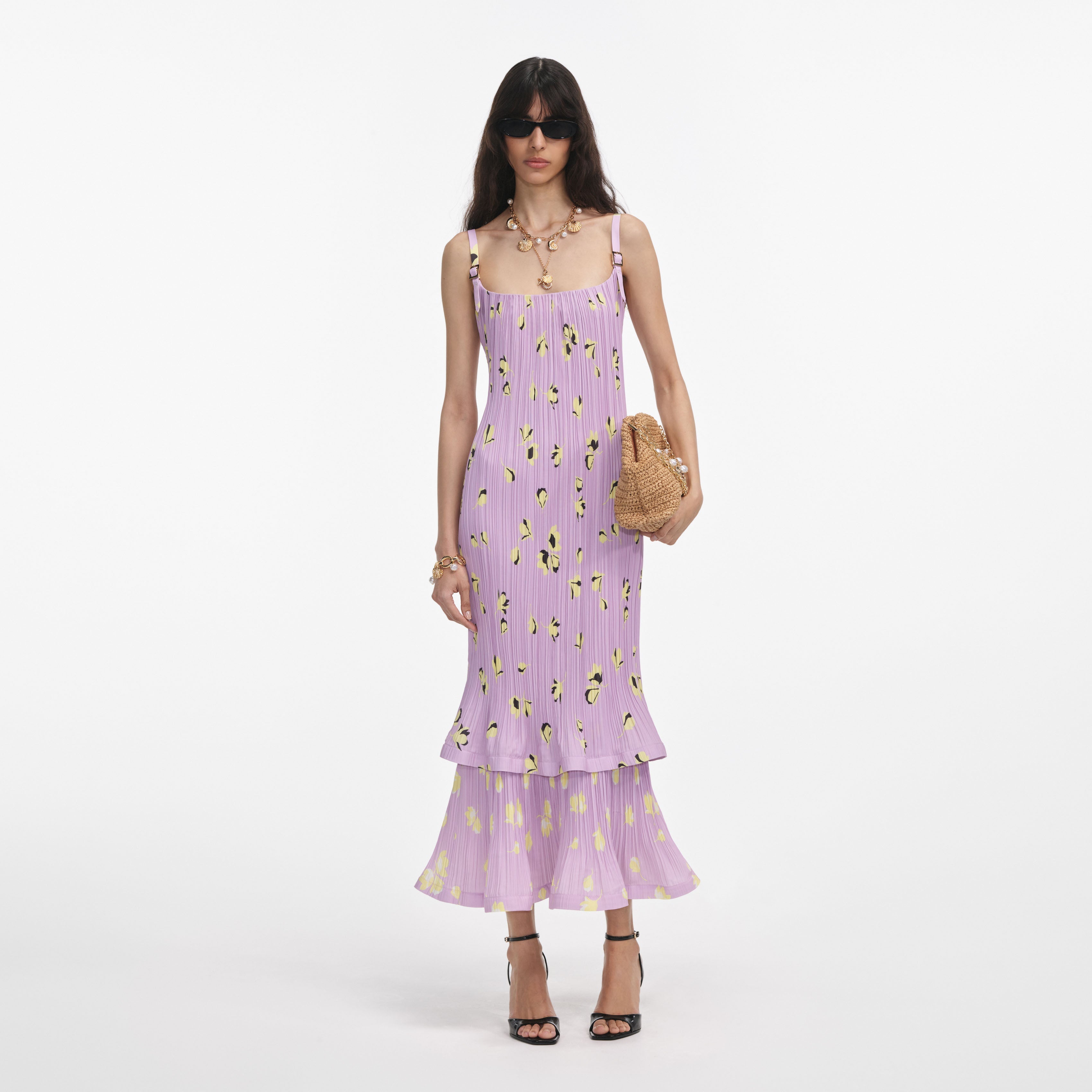 Lilac Floral Plisse Midi Dress – self-portrait-US