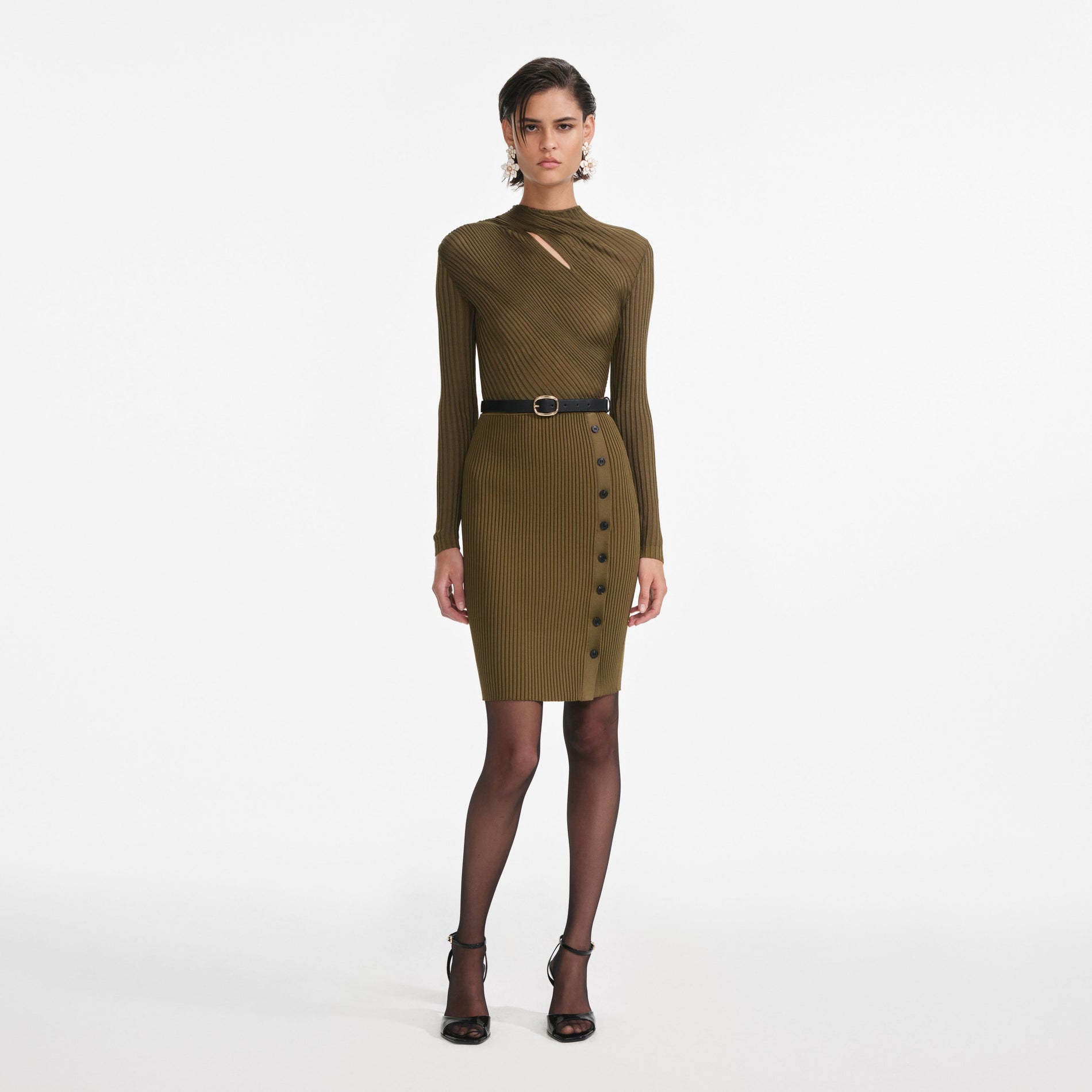 Front view of a woman wearing the Khaki Cut Out Rib Knit Mini Dress