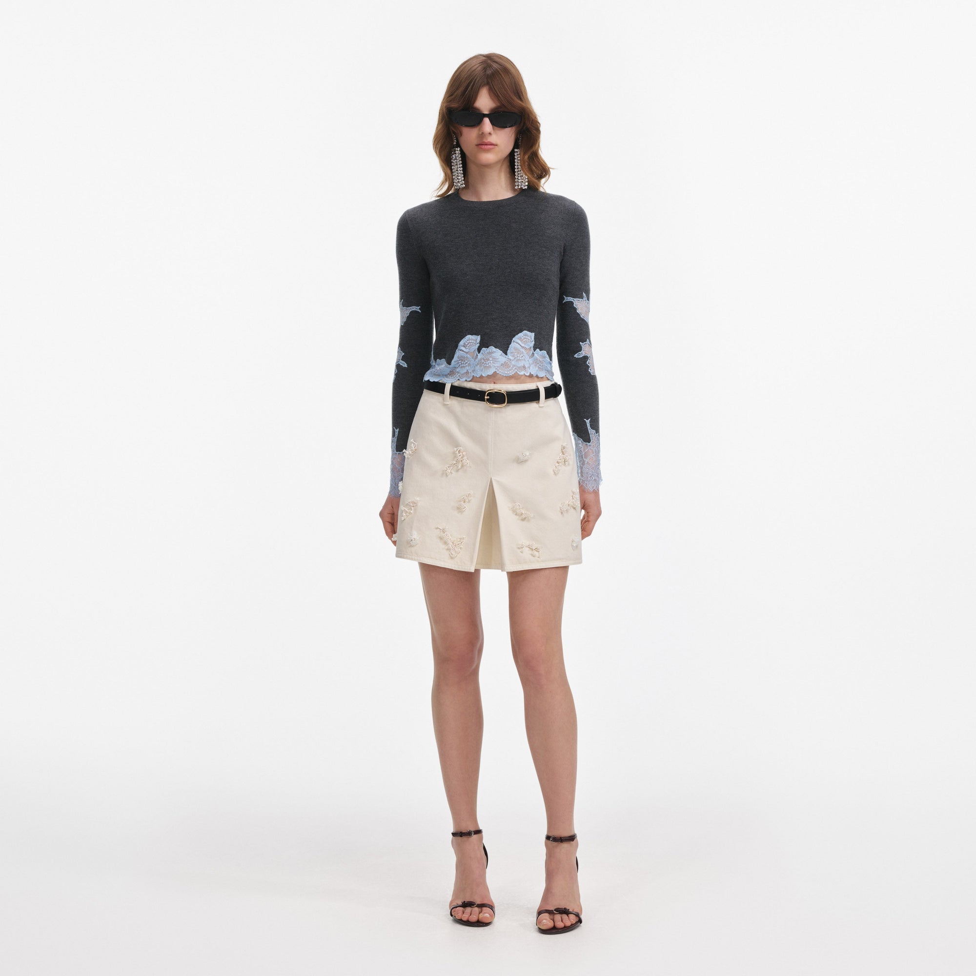 Front view of a woman wearing the Grey Contrast Lace Jumper