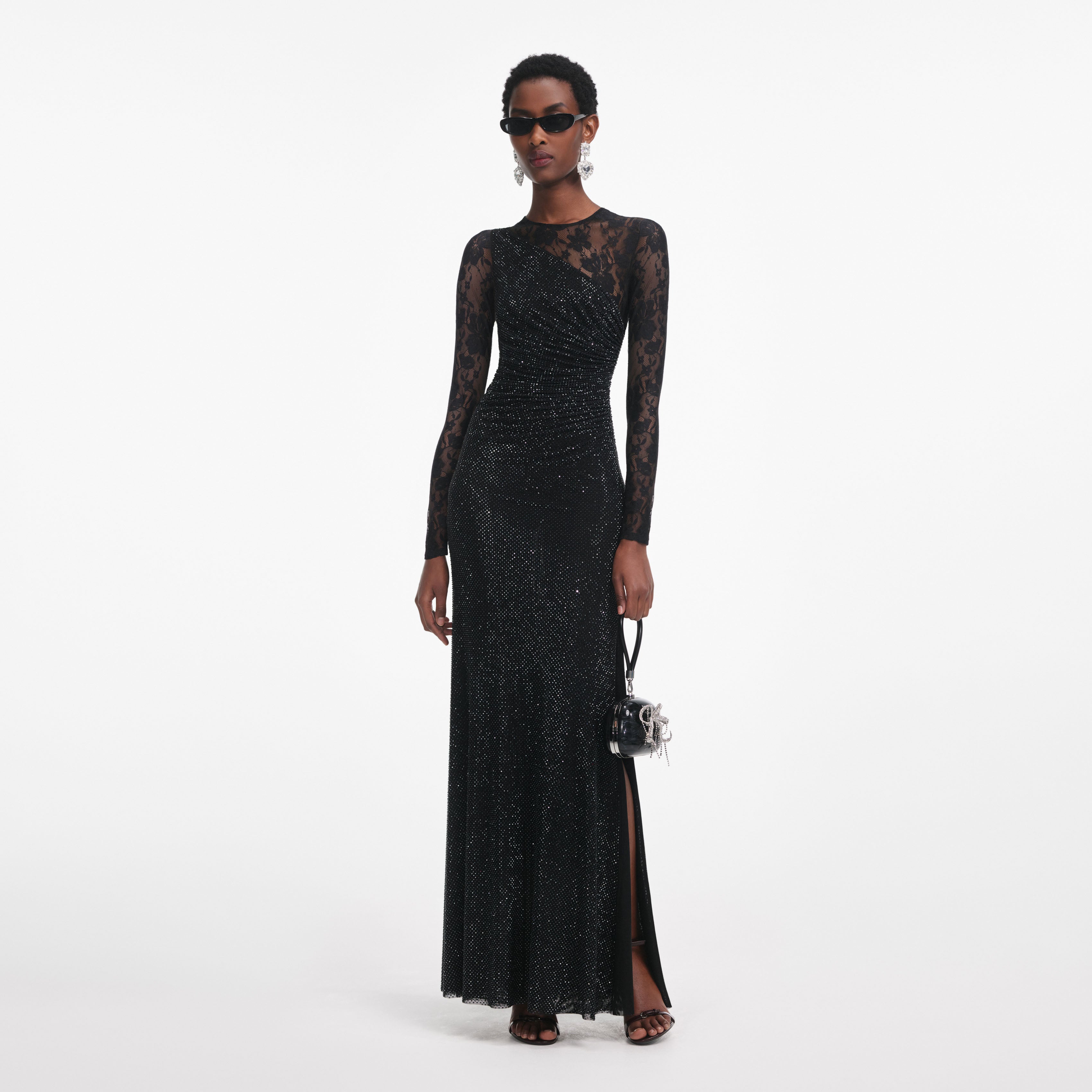 Black Rhinestone Lace Sleeves Maxi Dress