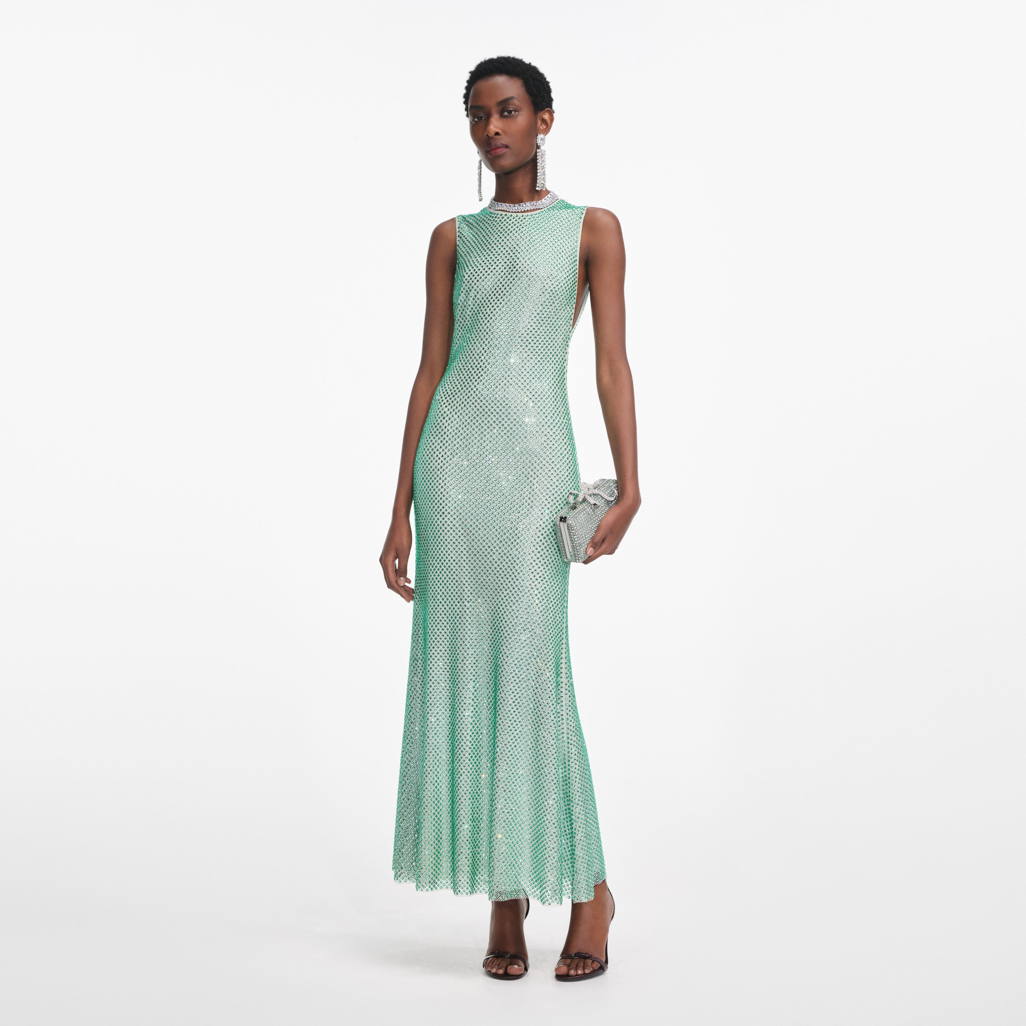 Self-Portrait - Mint Rhinestone Mesh Midi Dress - US 8 Self-Portrait - Mint Rhinestone Mesh Midi Dress - US 8