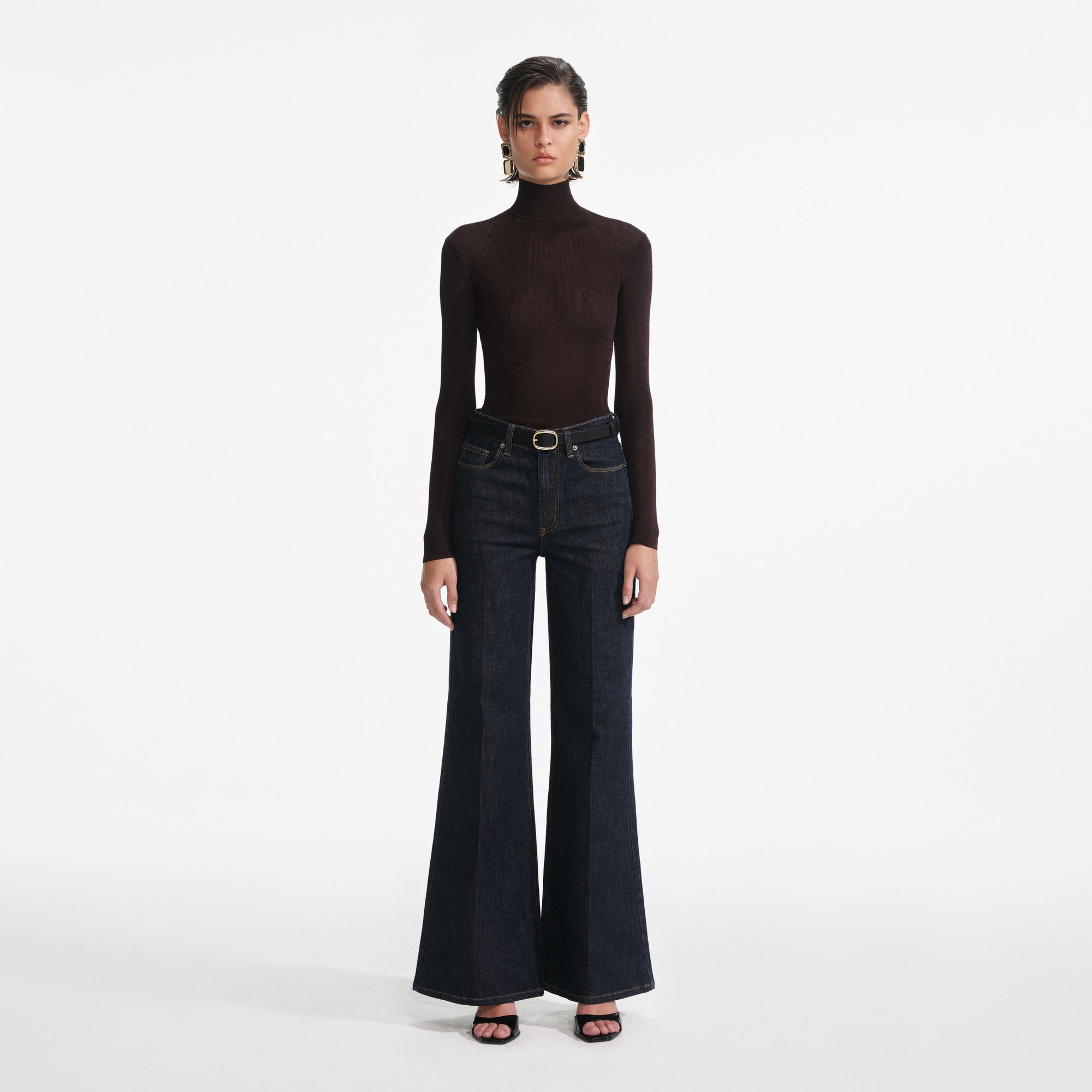 Front view of a woman wearing the Brown Viscose Knit Top