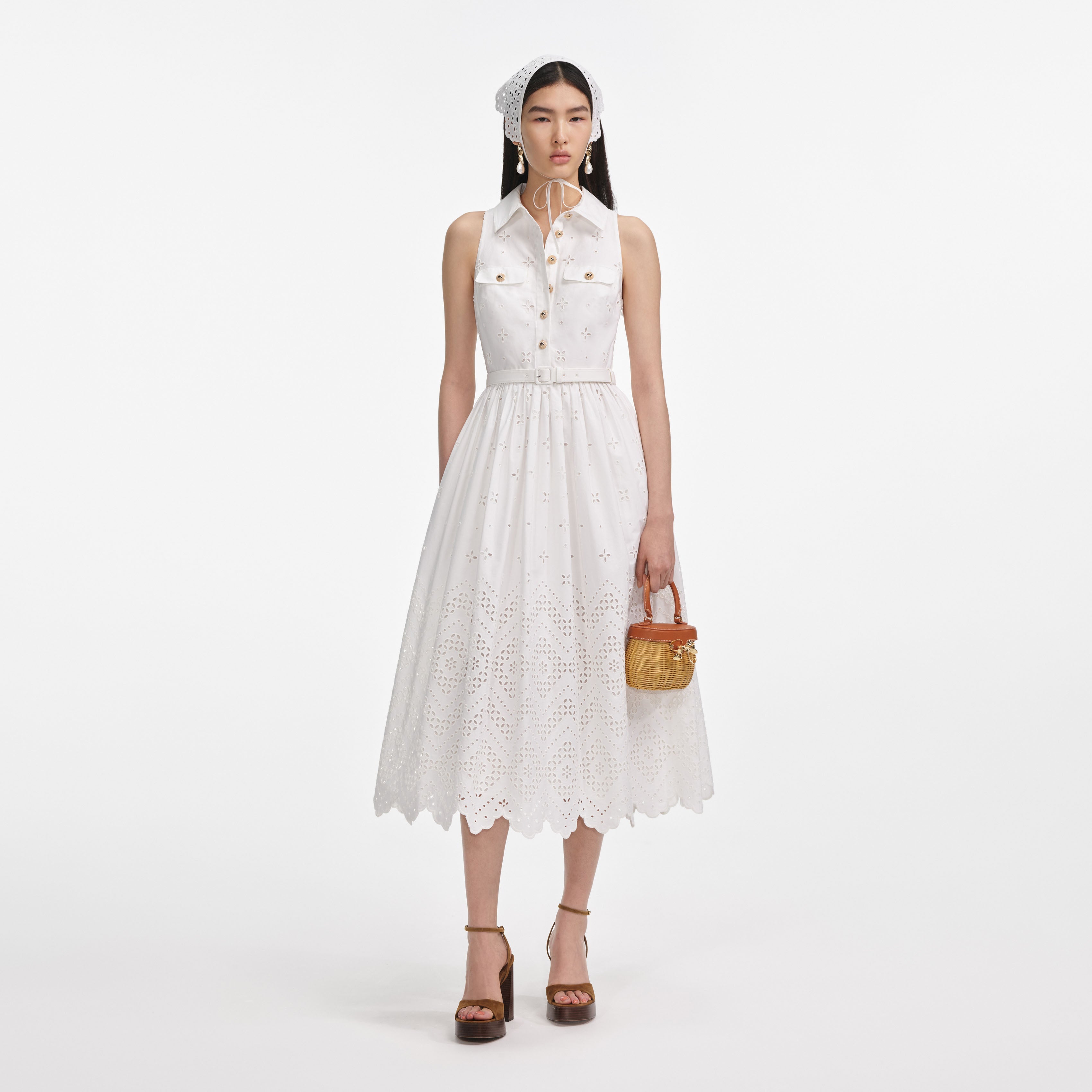 White Cotton Broderie Collared Midi Dress self-portrait-US White Cotton Broderie Collared Midi Dress self-portrait-US