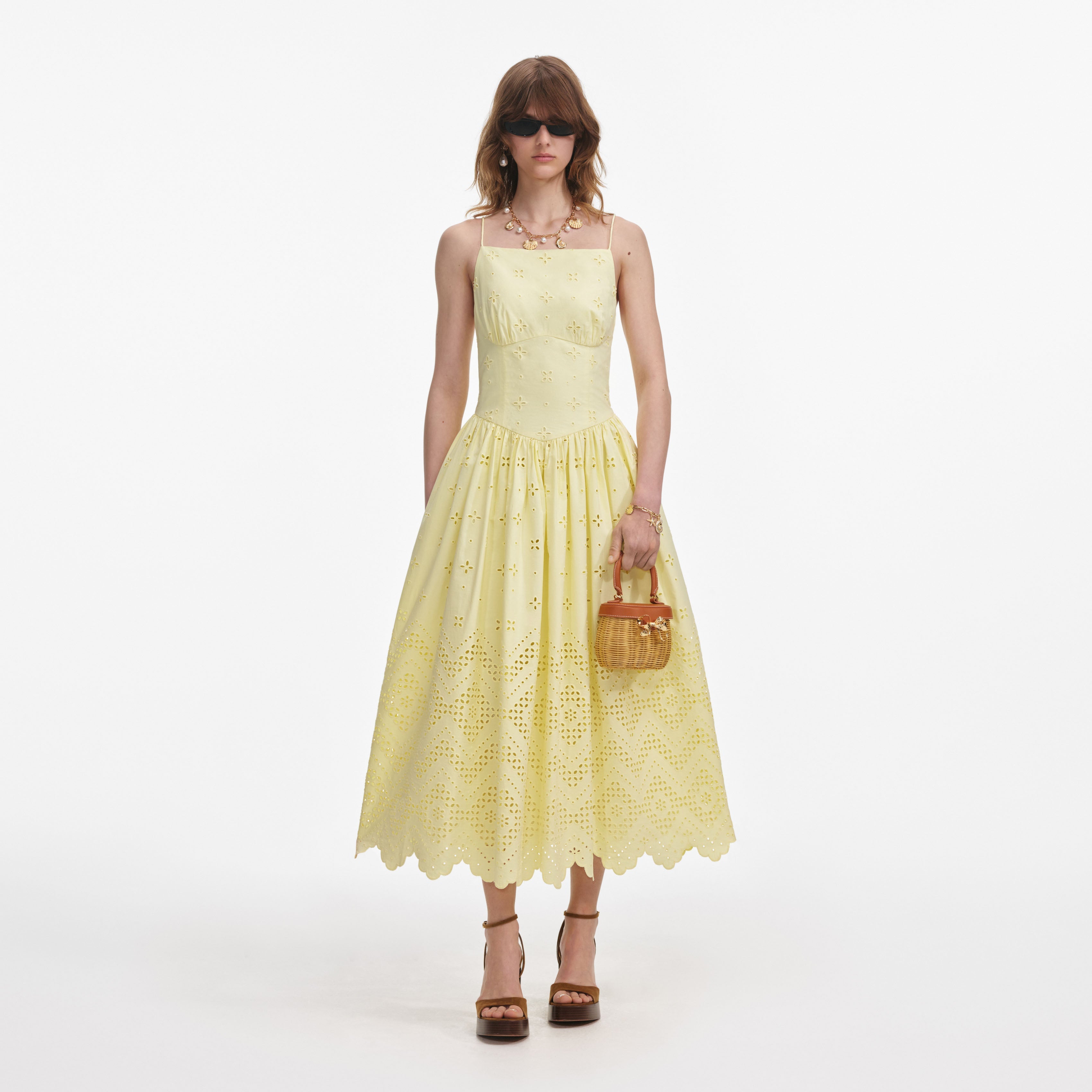 Self-Portrait - Yellow Cotton Broderie Midi Dress Self-Portrait - Yellow Cotton Broderie Midi Dress