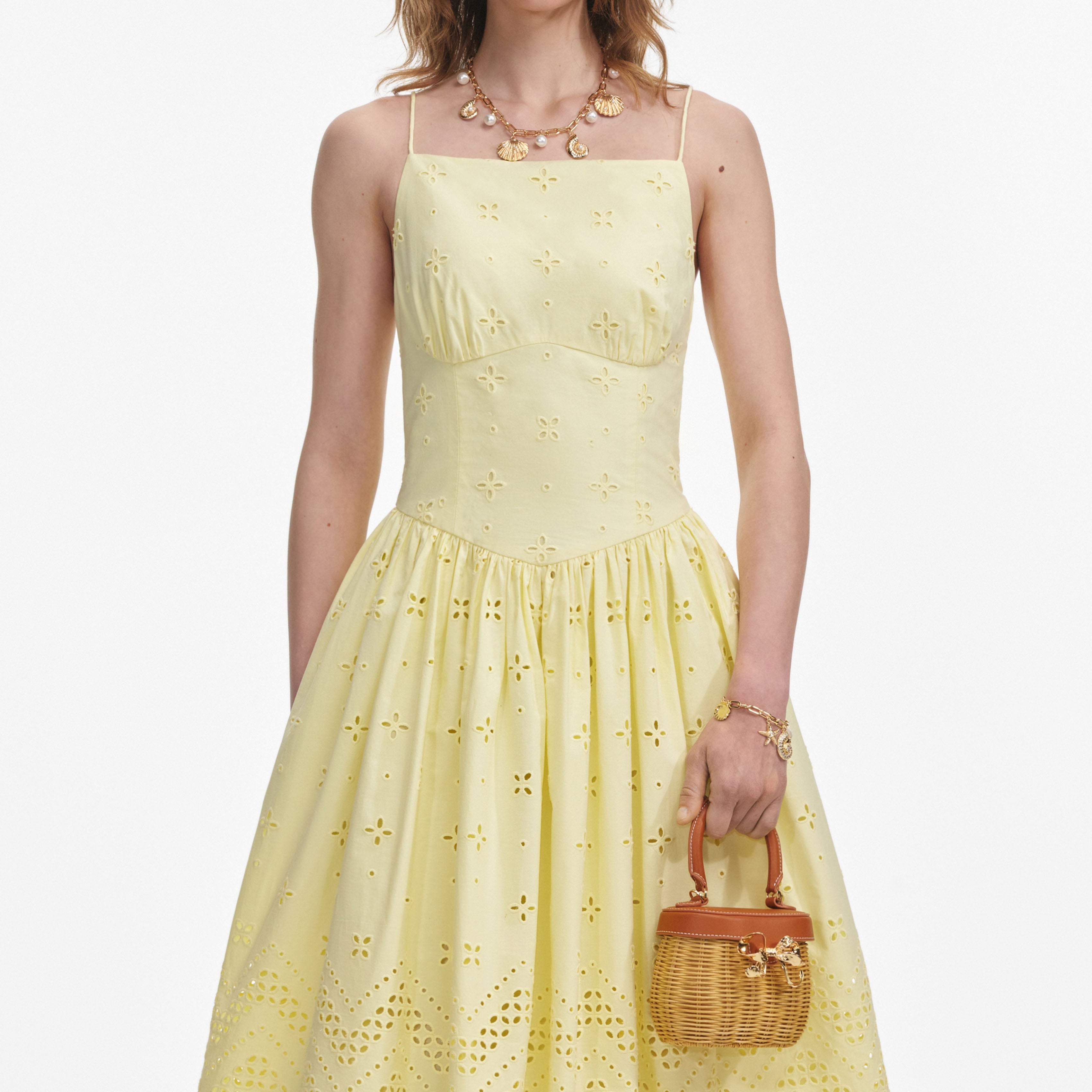 Yellow Cotton Broderie Midi Dress