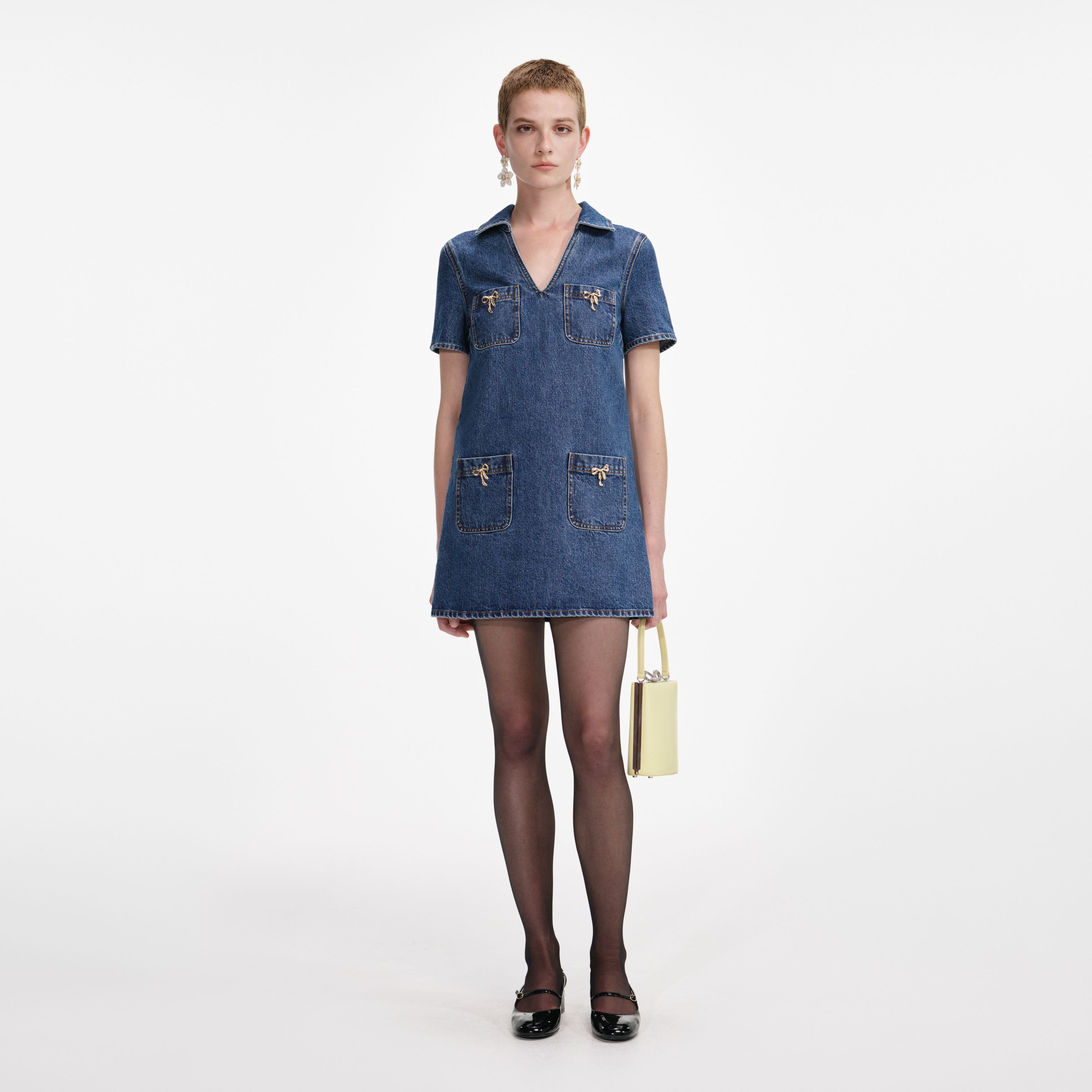 self-portrait Denim Mini Dress With Bow Detail - Blue self-portrait Denim Mini Dress With Bow Detail - Blue