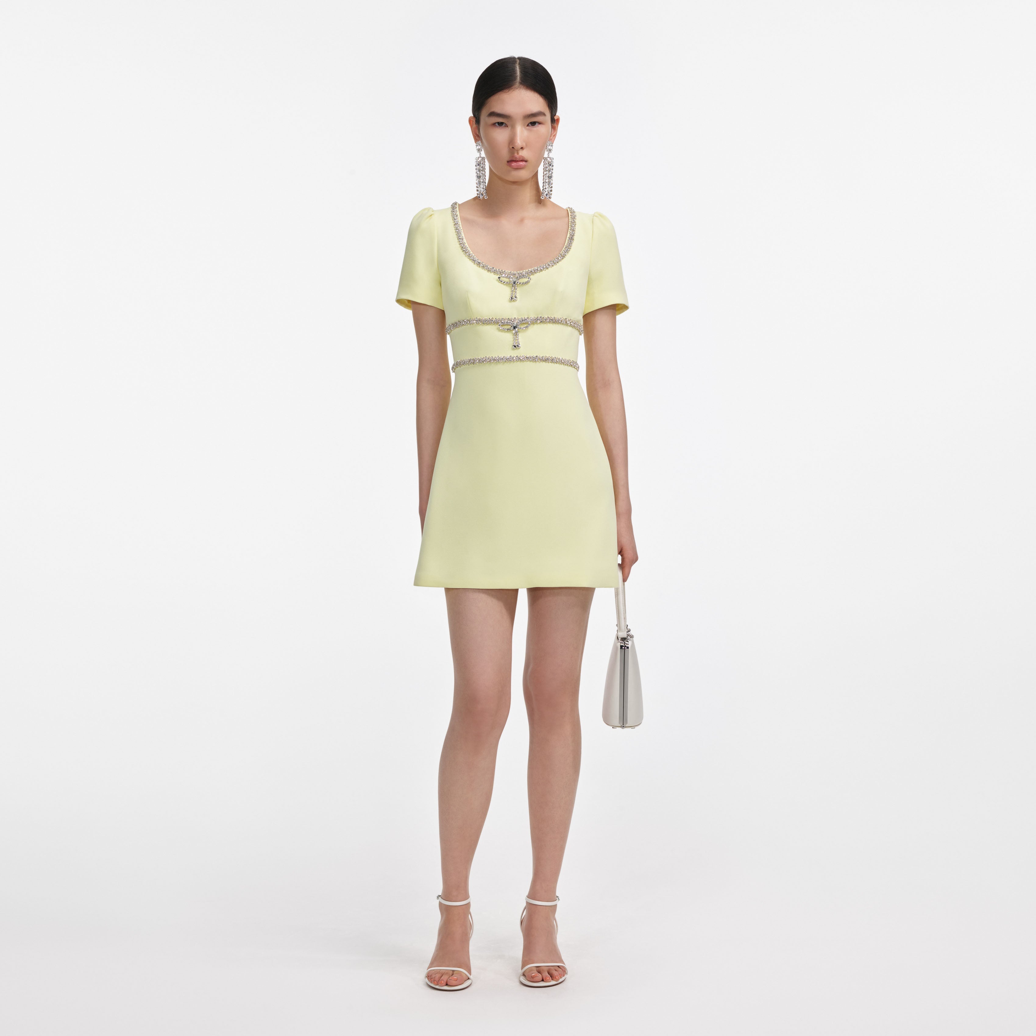 Yellow Crepe Crystal Trim Mini Dress