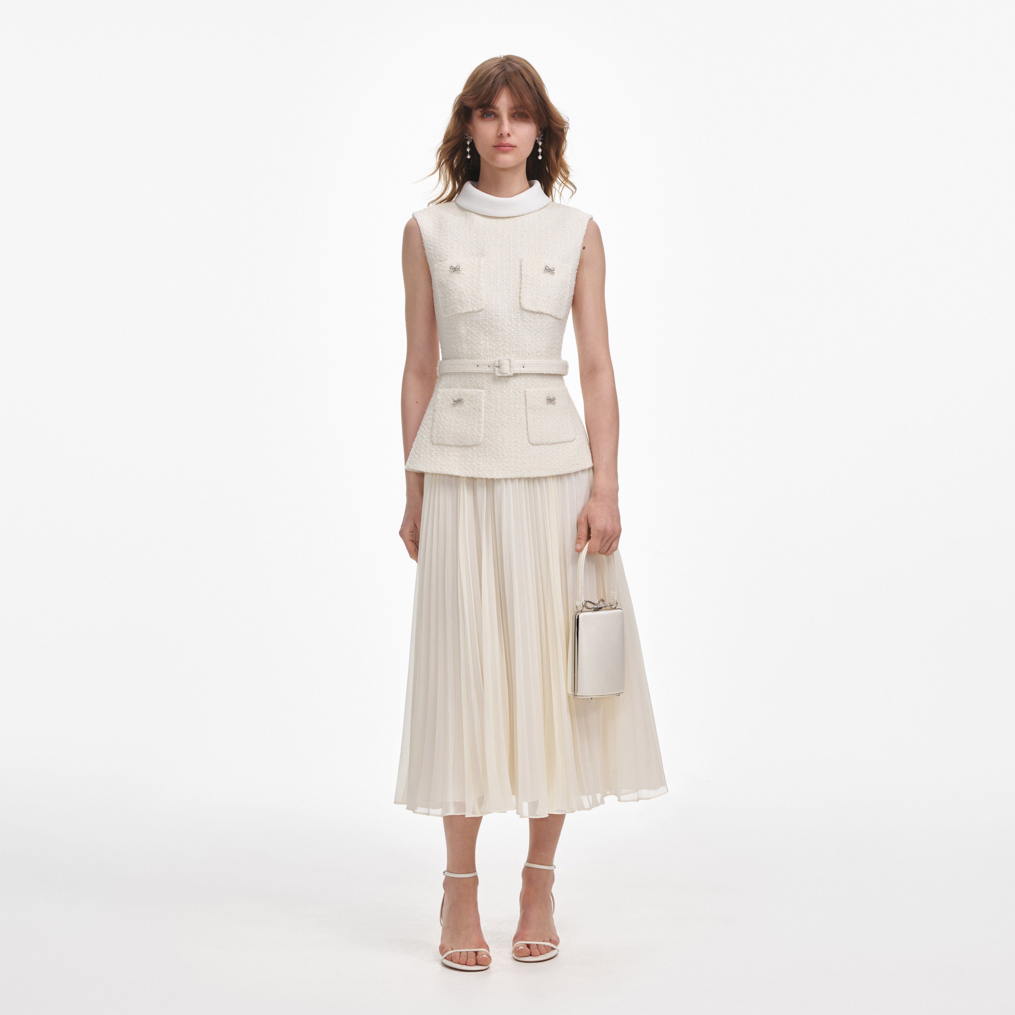 self portrait cream off shoulder boucle midi dress cream off shoulder boucle midi dress Cream Tailored Boucl And Chiffon Midi Dress self-portrait-US