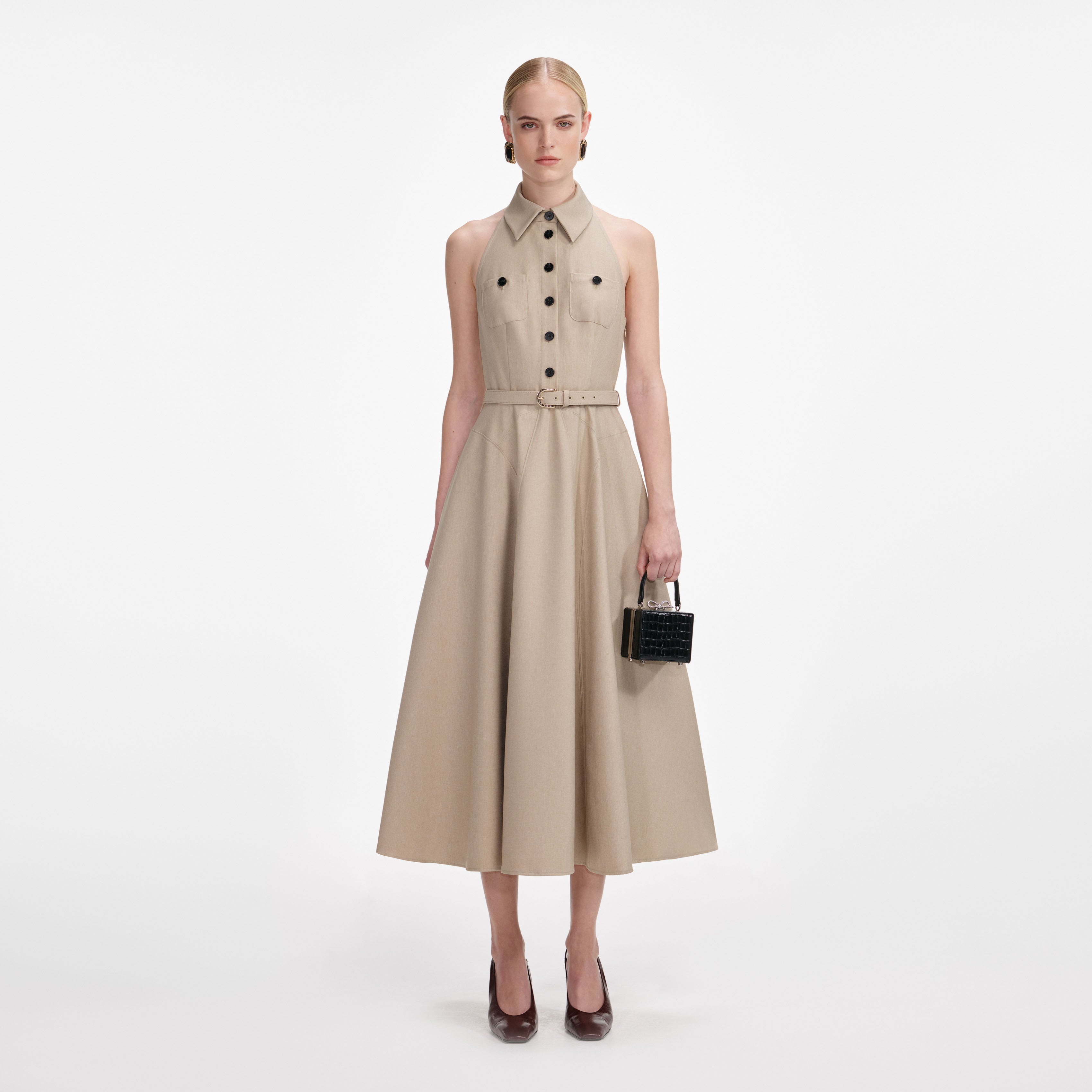 Beige Twill Midi Dress – self-portrait-US Beige Twill Midi Dress – self-portrait-US