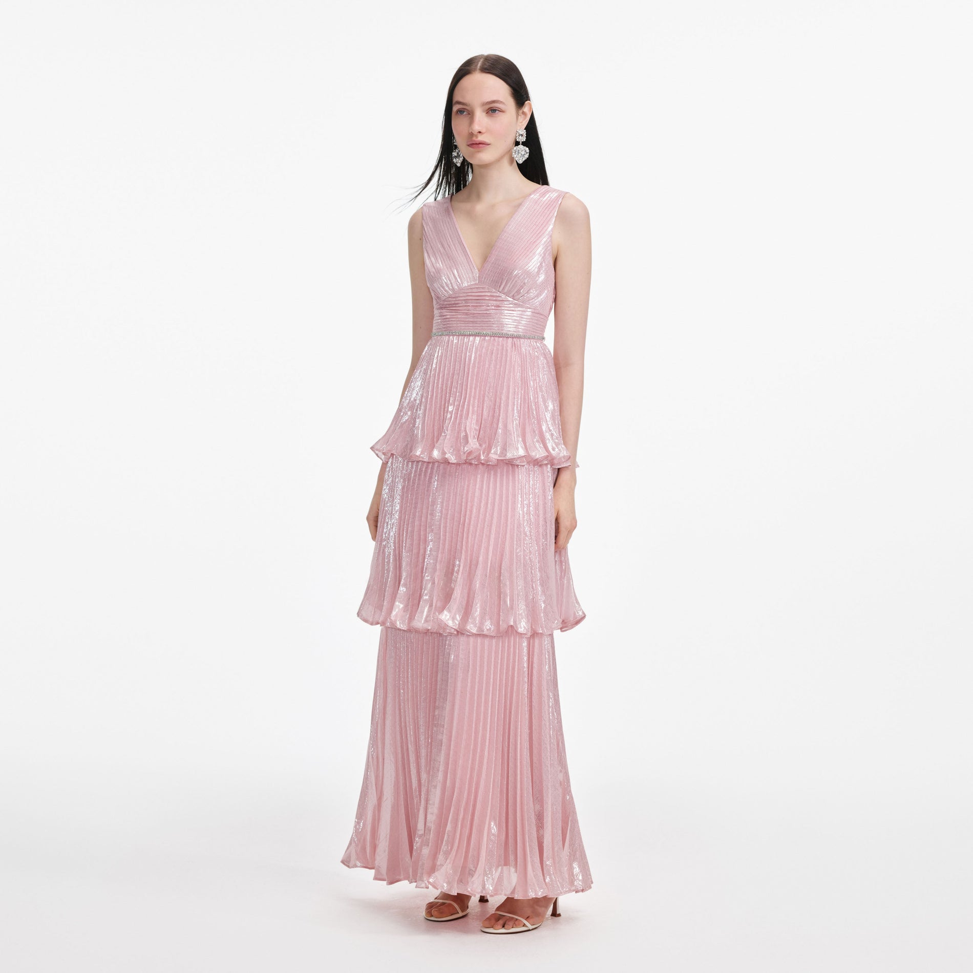 Side view of a woman wearing the Pink Metallic Tiered Maxi Dress