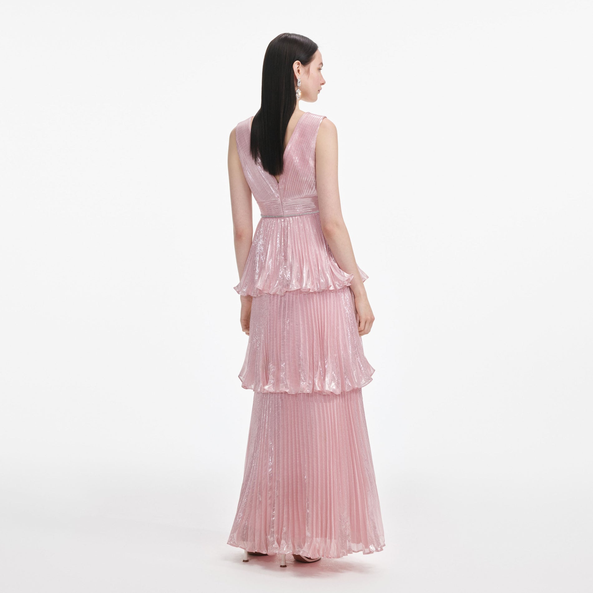 Back view of a woman wearing the Pink Metallic Tiered Maxi Dress