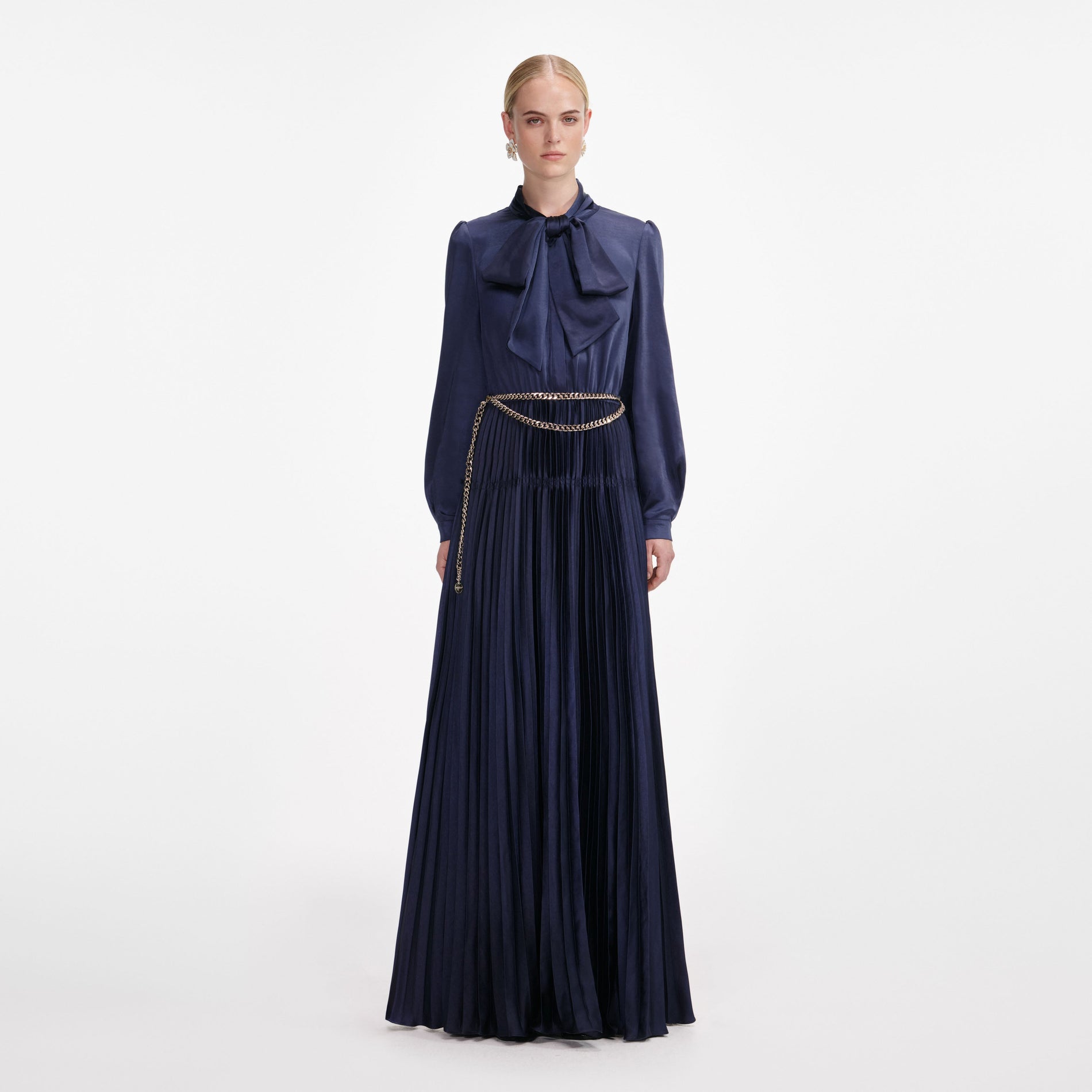 Navy Satin Tie Neck Maxi Dress