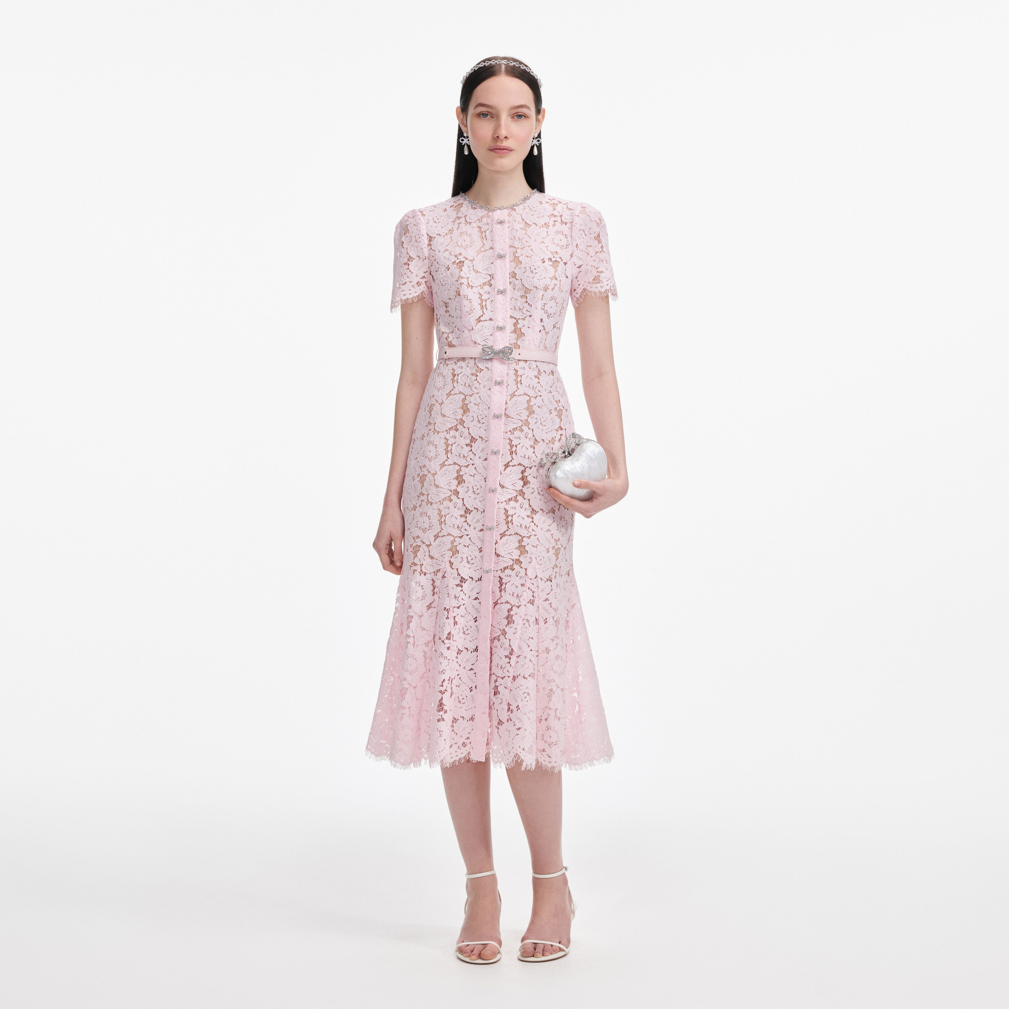 self-portrait - Pink Lace Bow Trim Midi Dress - US 10 self-portrait - Pink Lace Bow Trim Midi Dress - US 10