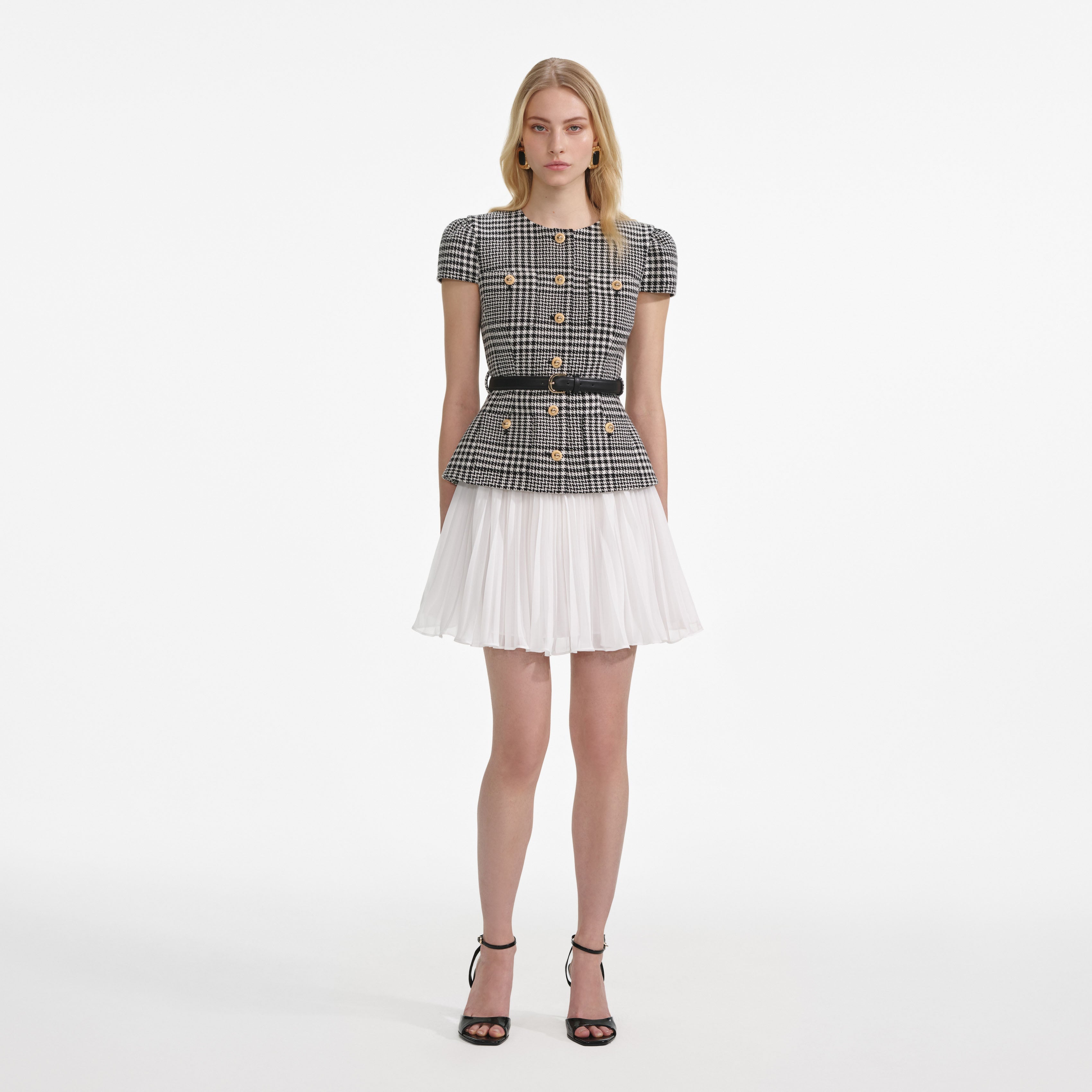 self portrait houndstooth mini dress self-portrait - Check Boucle Long Sleeve Mini Dress