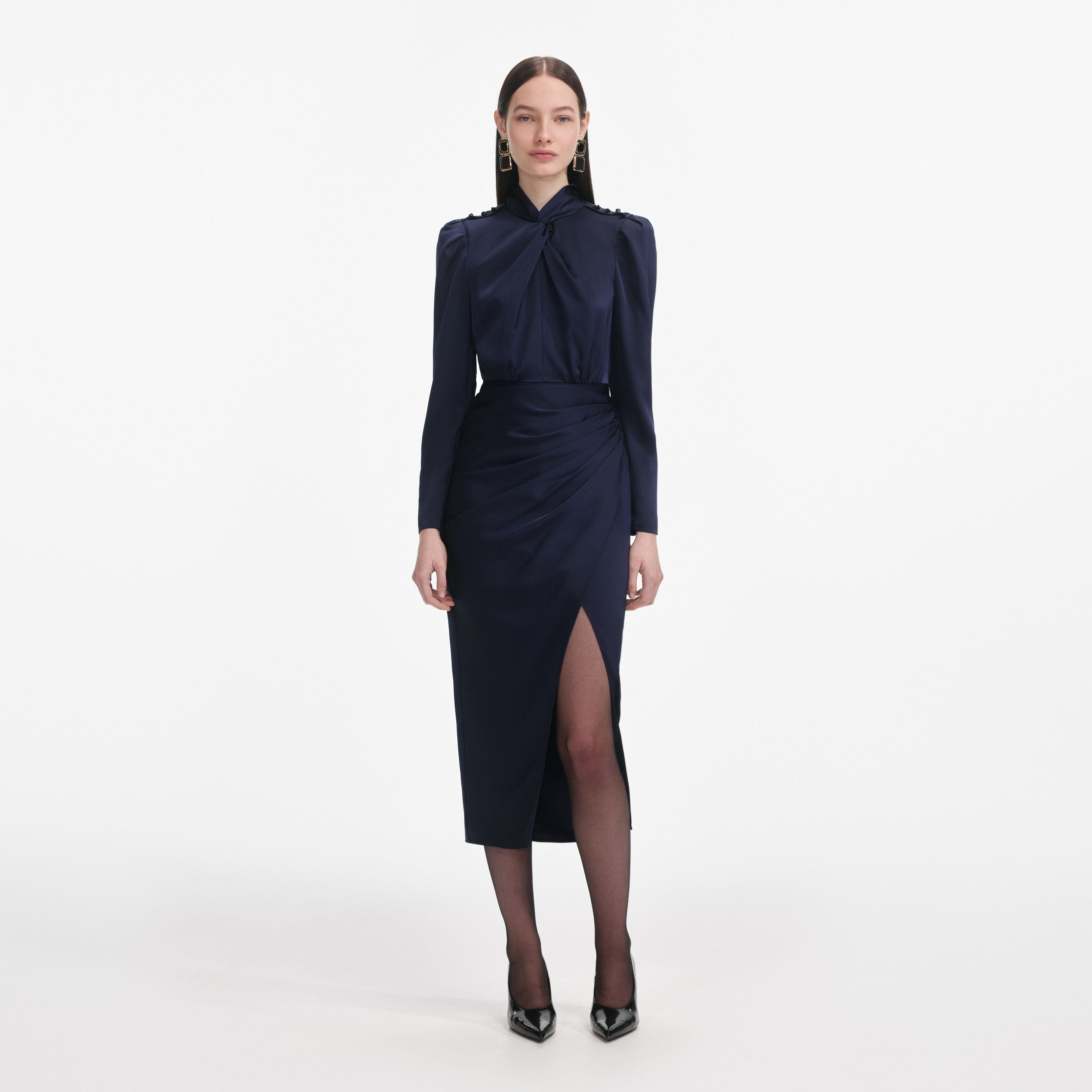 Navy Satin Midi Dress self-portrait-US Navy Satin Midi Dress self-portrait-US