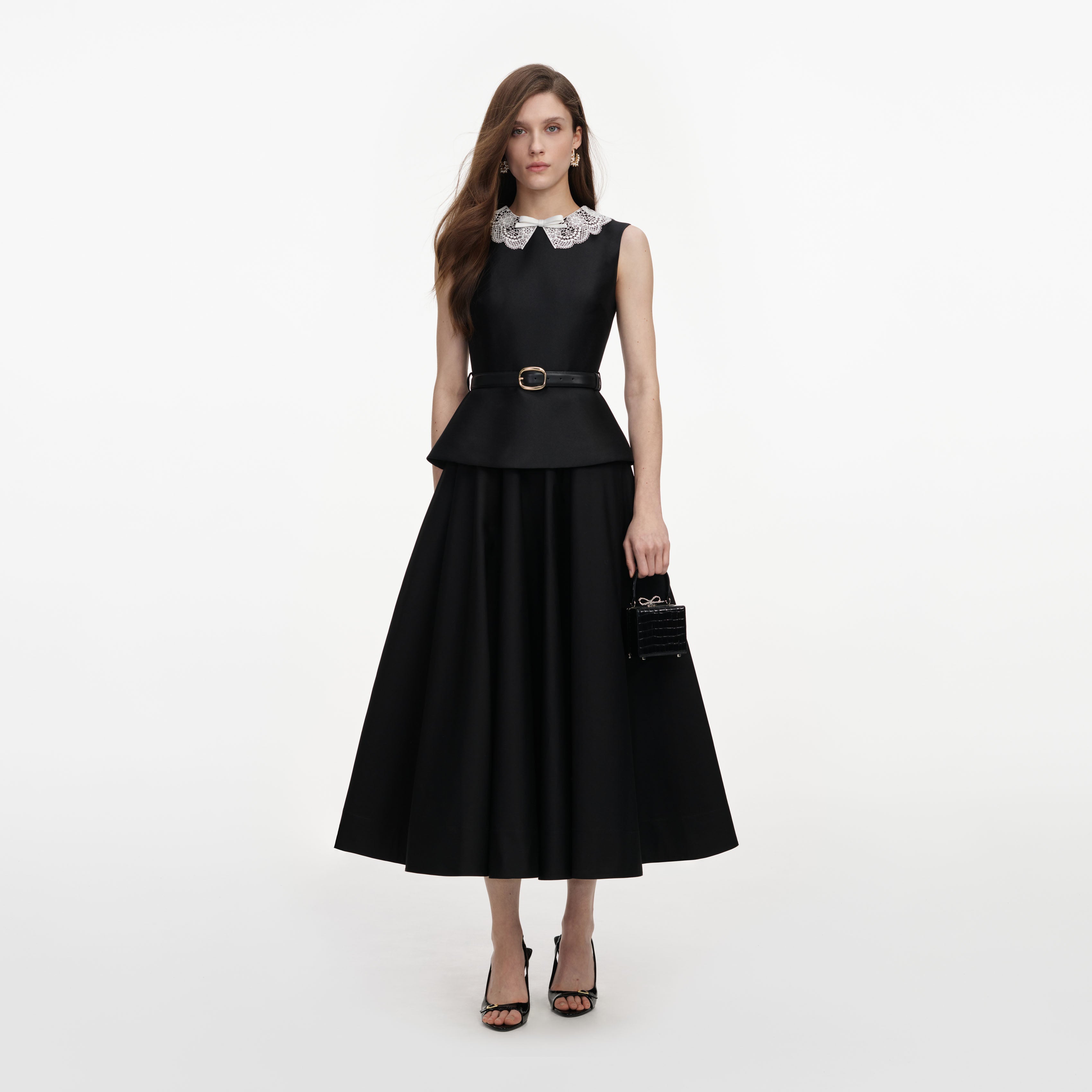 Black Taffeta Peplum Midi Dress – self-portrait-US