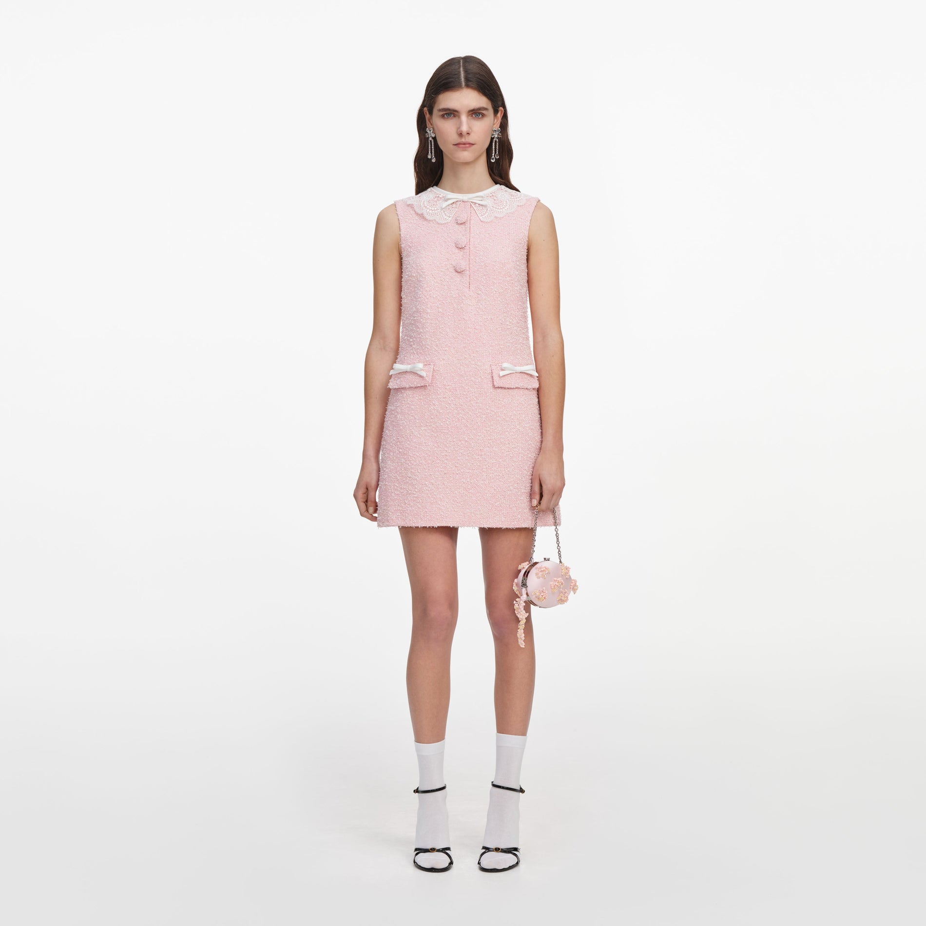 Front view of a woman wearing the Pink Boucle Lace Collar Mini Dress