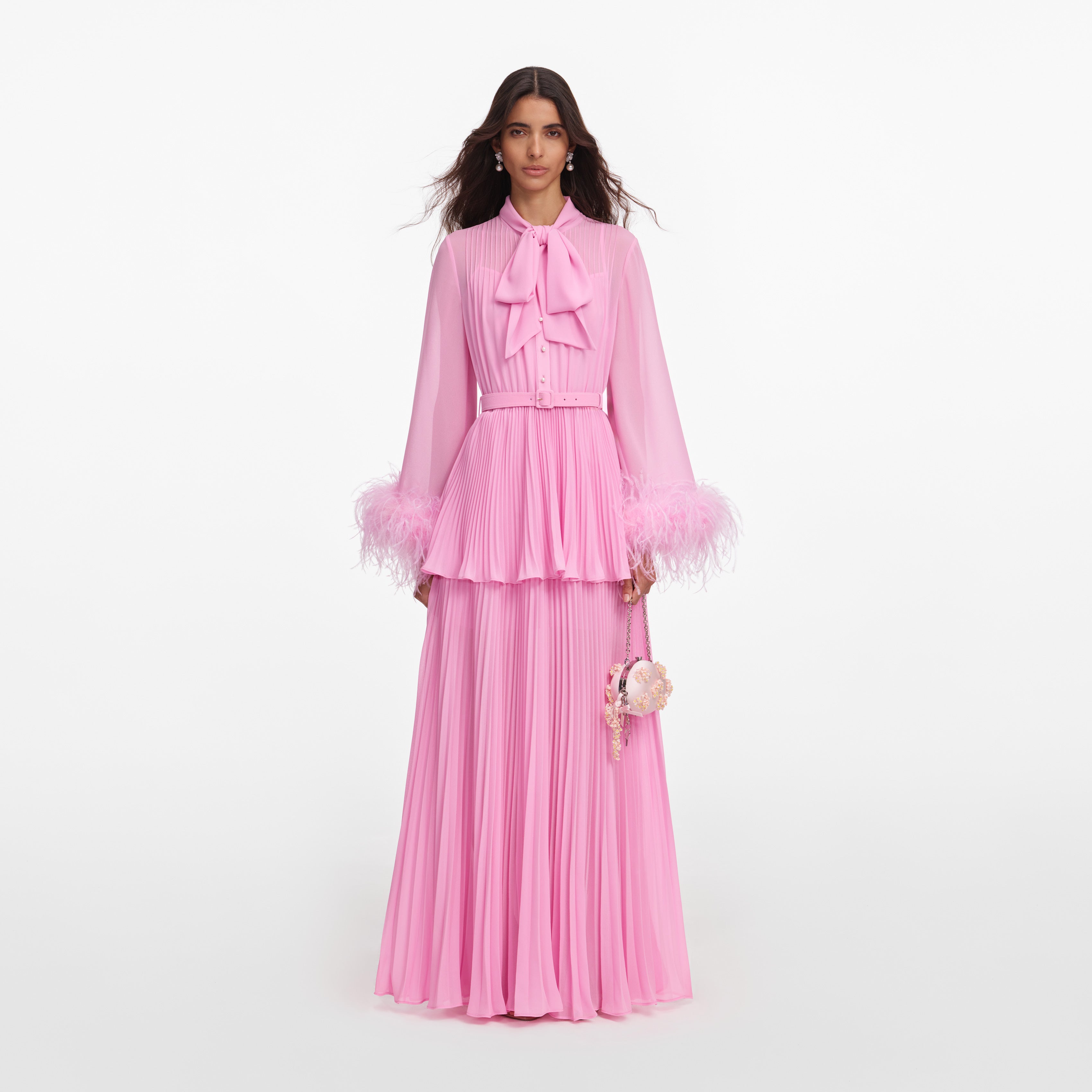 self-portrait - Pink Georgette Feather Cuff Maxi Dress
