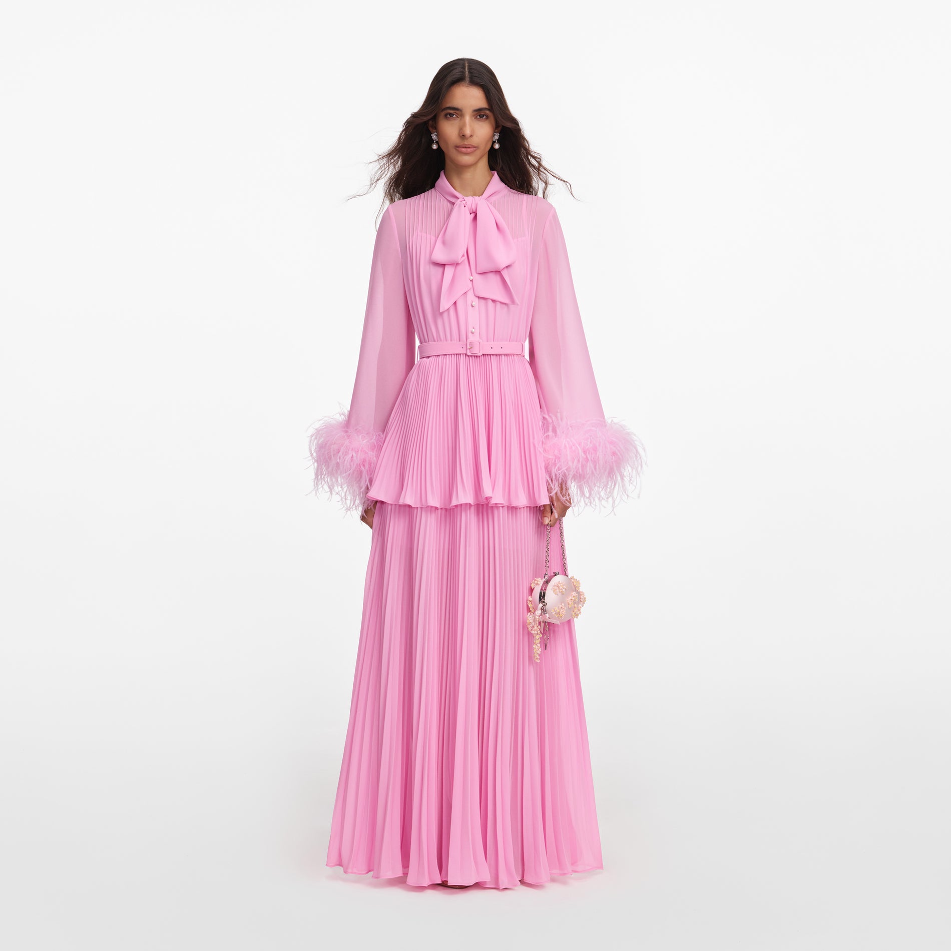 Pink Georgette Feather Cuff Maxi Dress