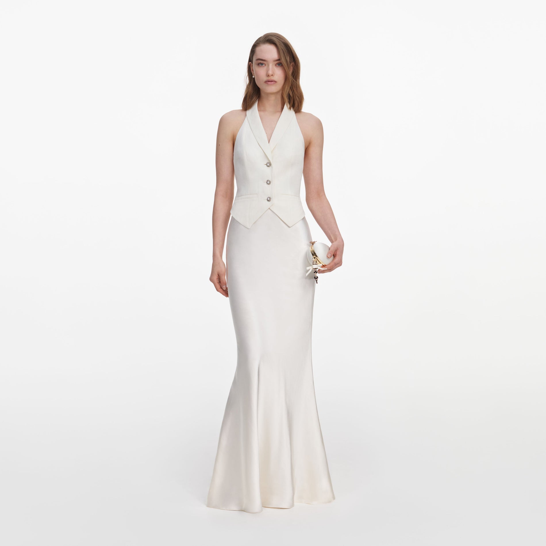 Front view of a woman wearing the Cream Linen Blend Satin Maxi Dress