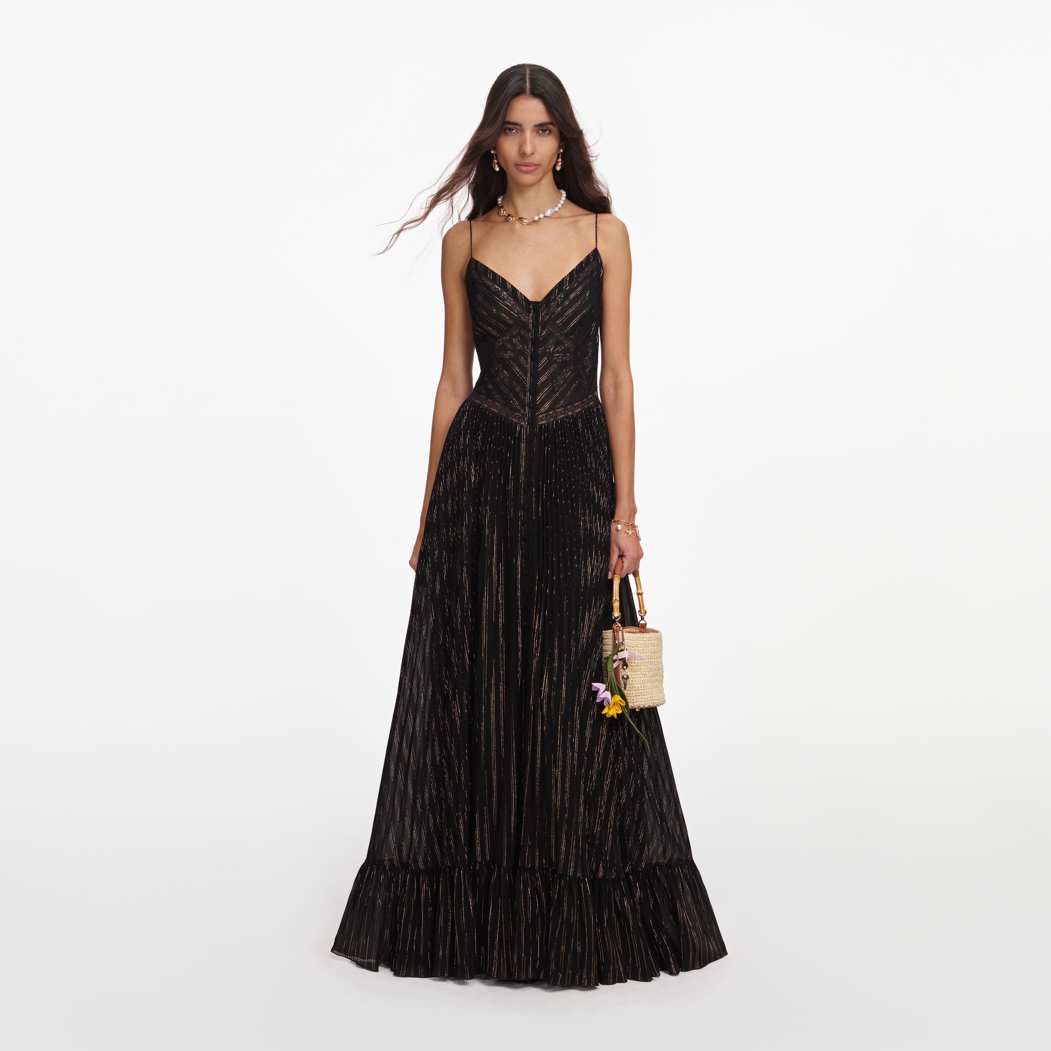 Black Lurex Stripe Pleated Maxi Dress – self-portrait-US