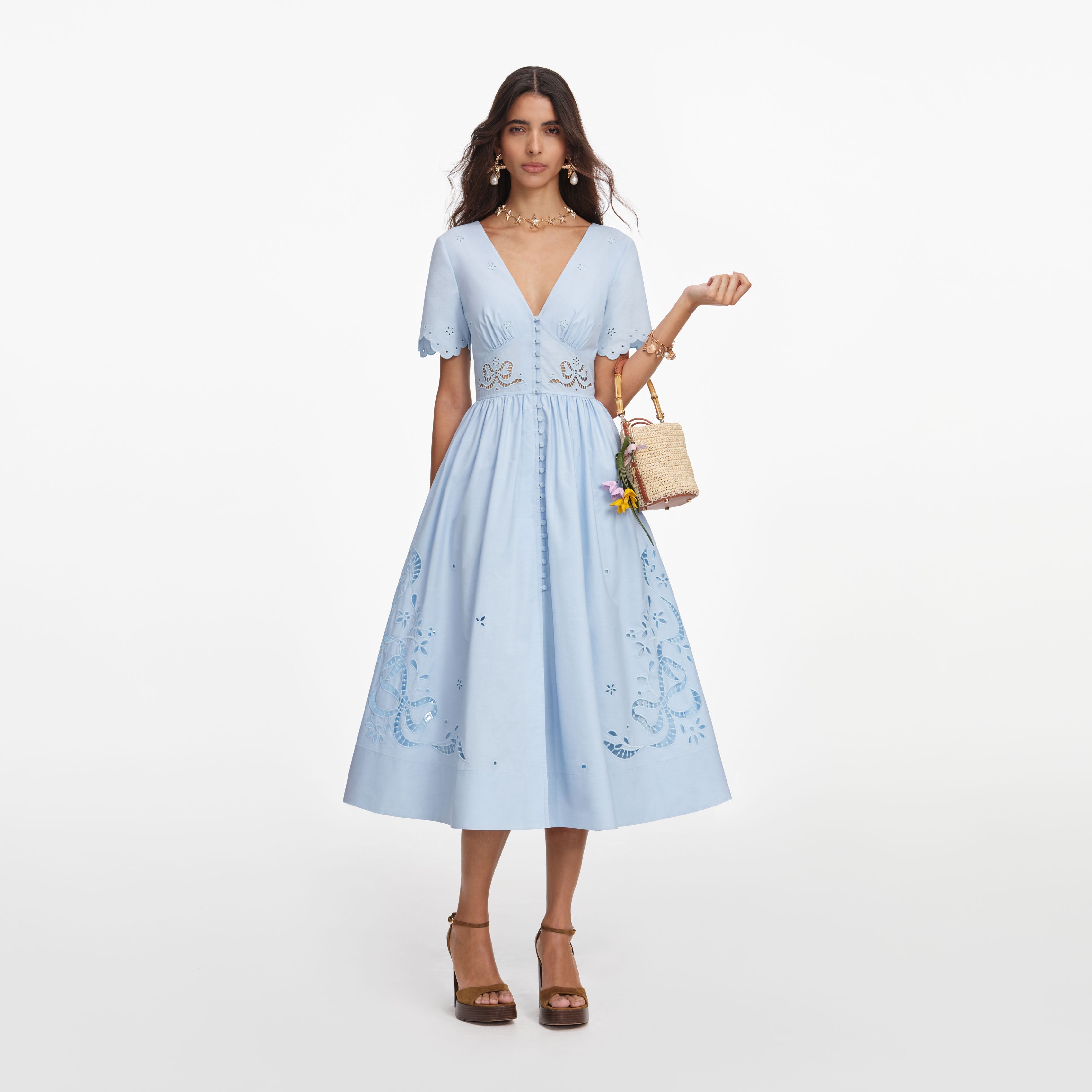 Blue Cotton Embroidered Midi Dress – self-portrait-US Blue Cotton Embroidered Midi Dress – self-portrait-US