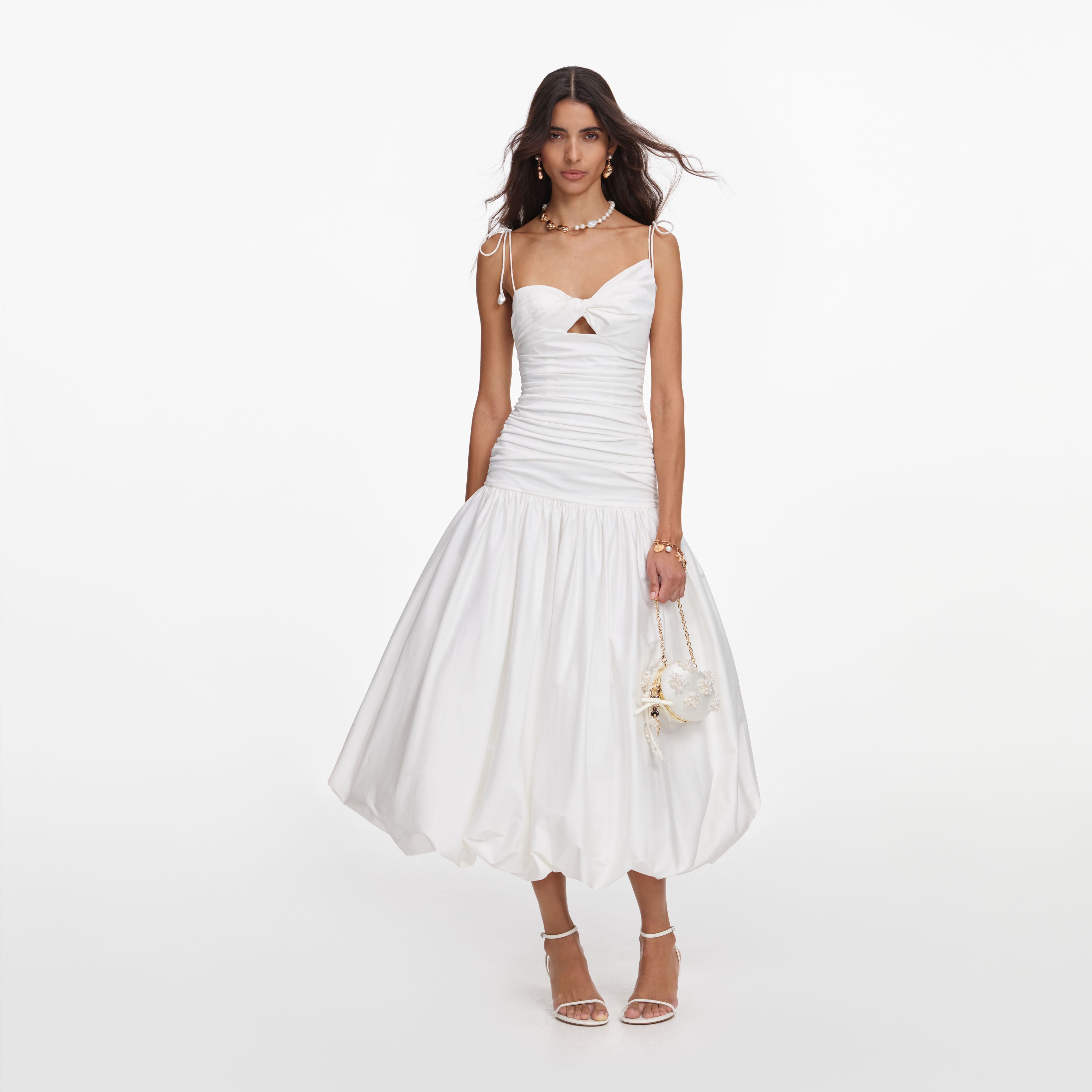 White Cotton Gathered Midi Dress – self-portrait-US