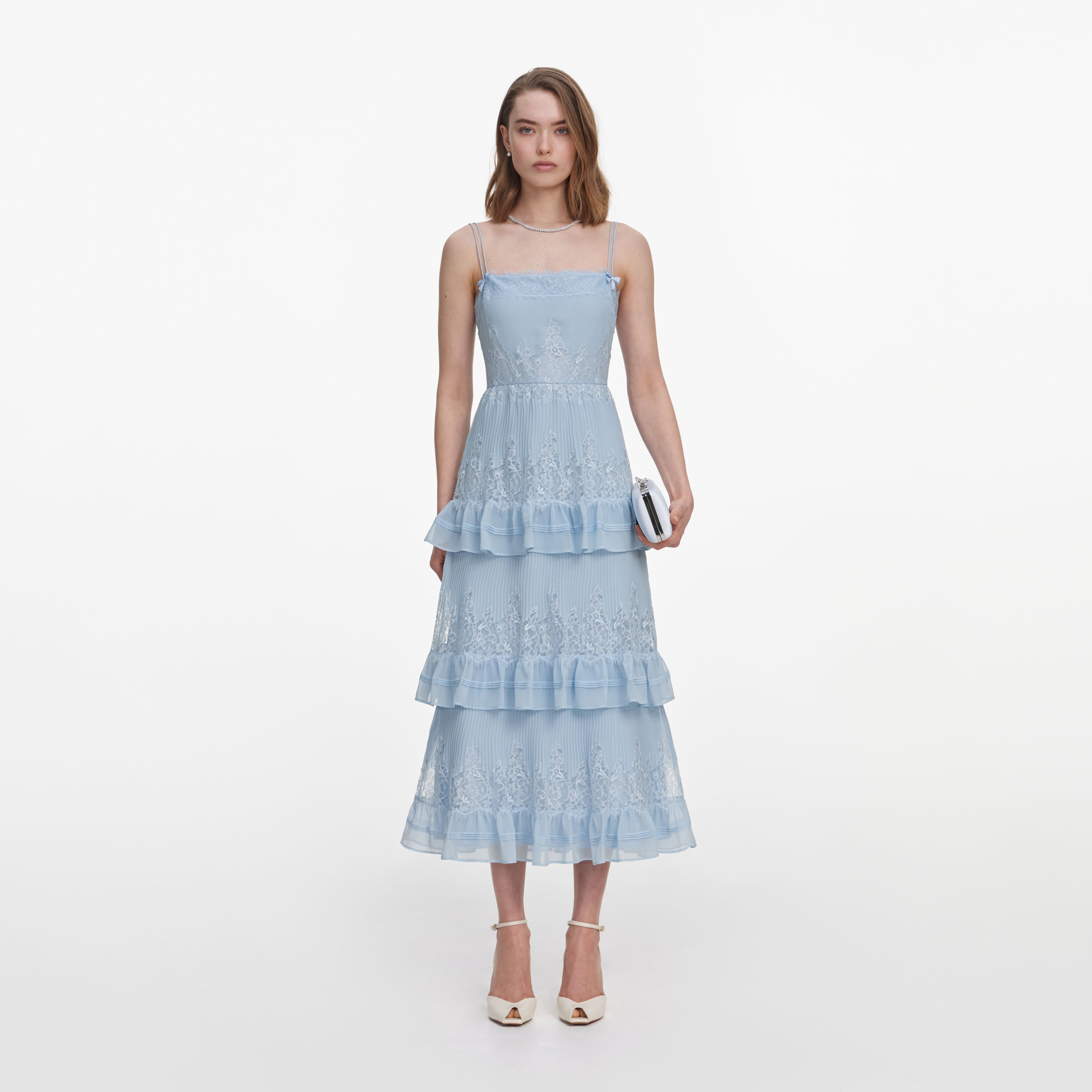 self-portrait - Blue Chiffon Lace Tiered Midi Dress - US 8 self-portrait - Blue Chiffon Lace Tiered Midi Dress - US 8
