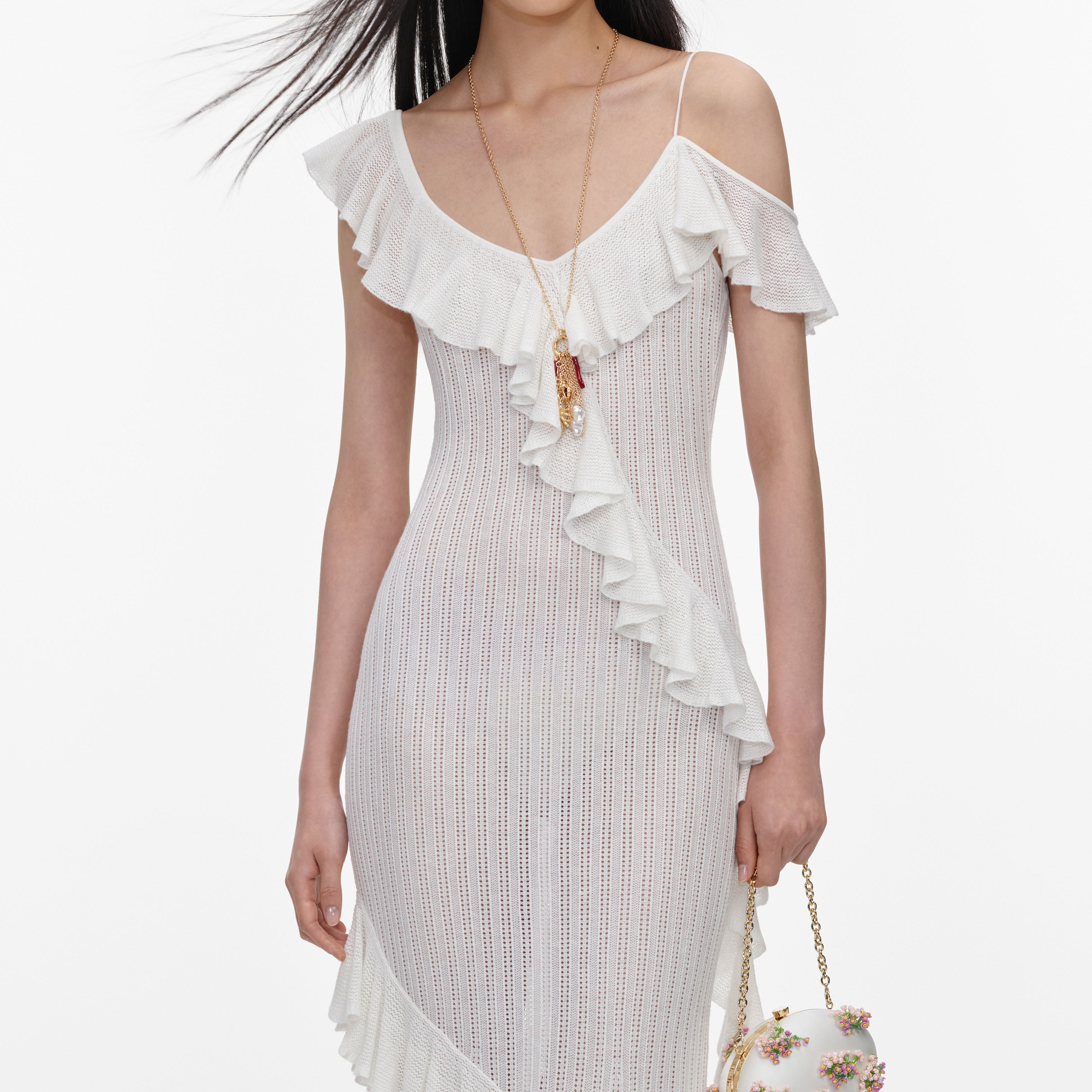 White Ruffle Knit Maxi Dress